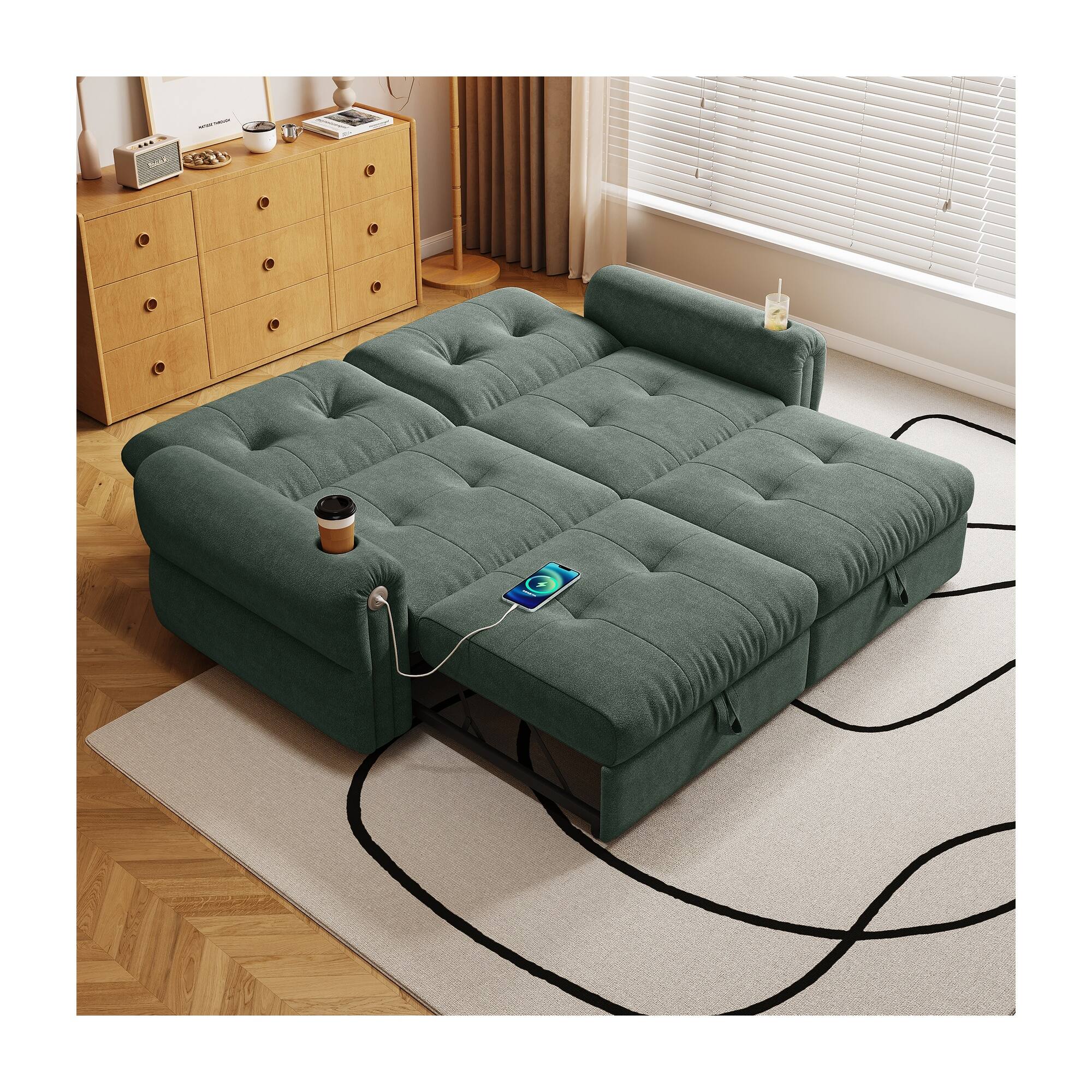 Alt View 3. Boyel Living - 77-Inch Chenille Convertible Sleeper Loveseat with Pull-Out Bed - Green.