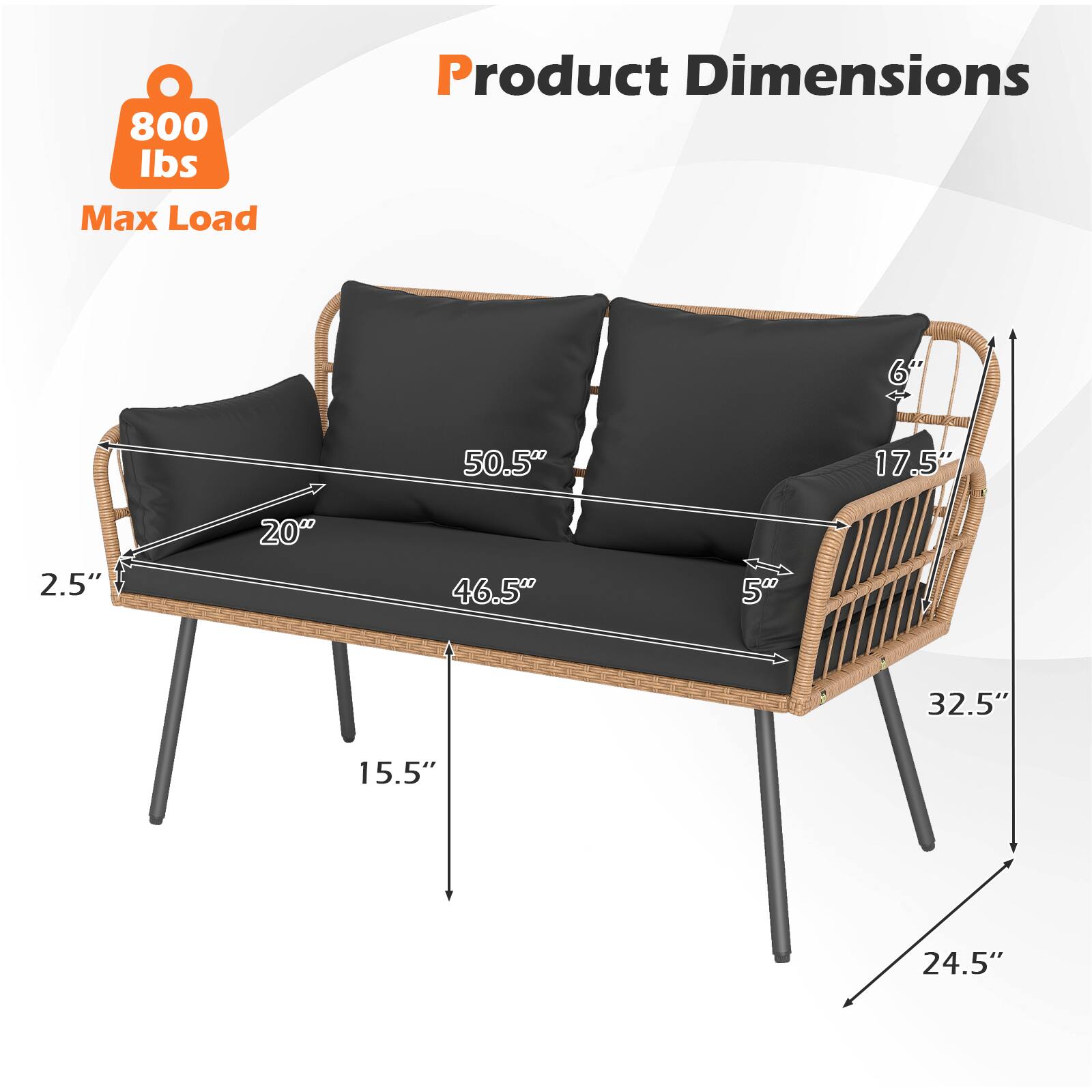 800 lbs Max Load  
Product Dimensions:  
6" x 50.5" x 17.5" x 20" x 2.5" x 46.5" x 50" x 32.5" x 15.5" x 24.5"