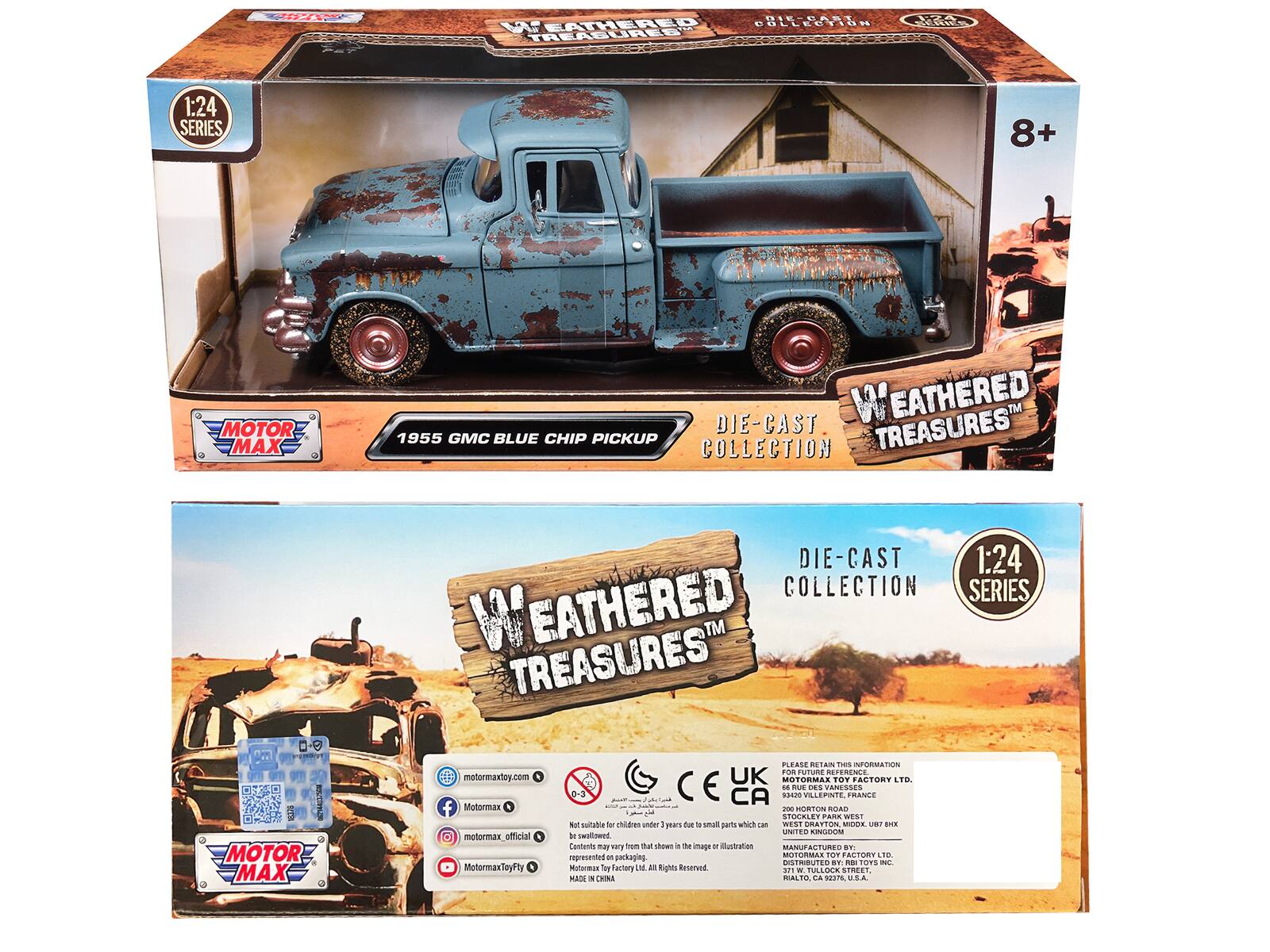 **Front of the Box:**

- **Top Left Corner:** 1:24 SERIES
- **Top Right Corner:** 8+
- **Main Text:** WEATHERED TREASURES
- **Below Main Text:** DIE-CAST COLLECTION
- **Below Main Text:** 1955 GMC BLUE CHIP PICKUP
- **Bottom Left Corner:** MOTOR MAX
- **Bottom Right Corner:** DIE-CAST COLLECTION
- **Bottom Right Corner:** 1:24 SERIES

**Back of the Box:**

- **Top Left Corner:** WEATHERED TREASURES
- **Top Right Corner:** DIE-CAST COLLECTION
- **Top Right Corner:** 1:24 SERIES
- **Main Image:** A truck in a desert setting
- **Bottom Left Corner:** MOTOR MAX
- **Bottom Left Corner:** QR Code
- **Bottom Left Corner:** Social Media Icons (Facebook, Instagram, YouTube) with handles: motormaxtoy.com, motormax.official, MotormaxToyFly
- **Bottom Center:** CE, UK, CA, and other certification logos
- **Bottom Center:** Warning: Not suitable for children under 3 years due to small parts which can be a choking hazard. The