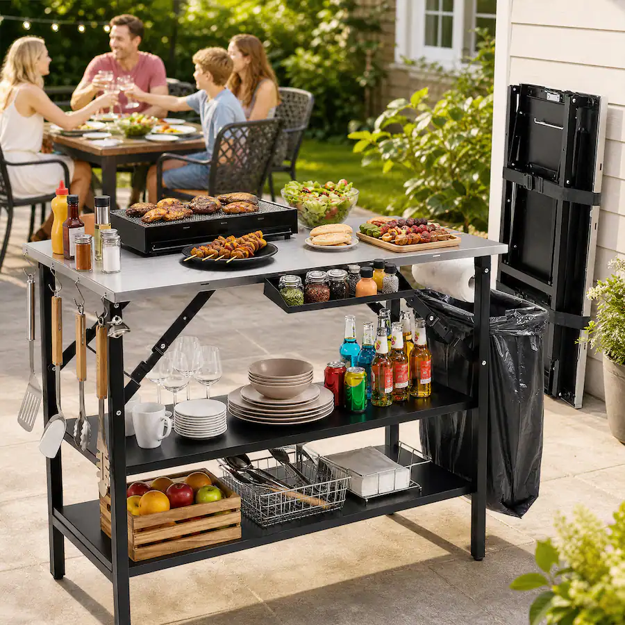 Removable Grill Racks Costway Foldable Outdoor Cook Station with 2 Removable Shelves, Trash ...