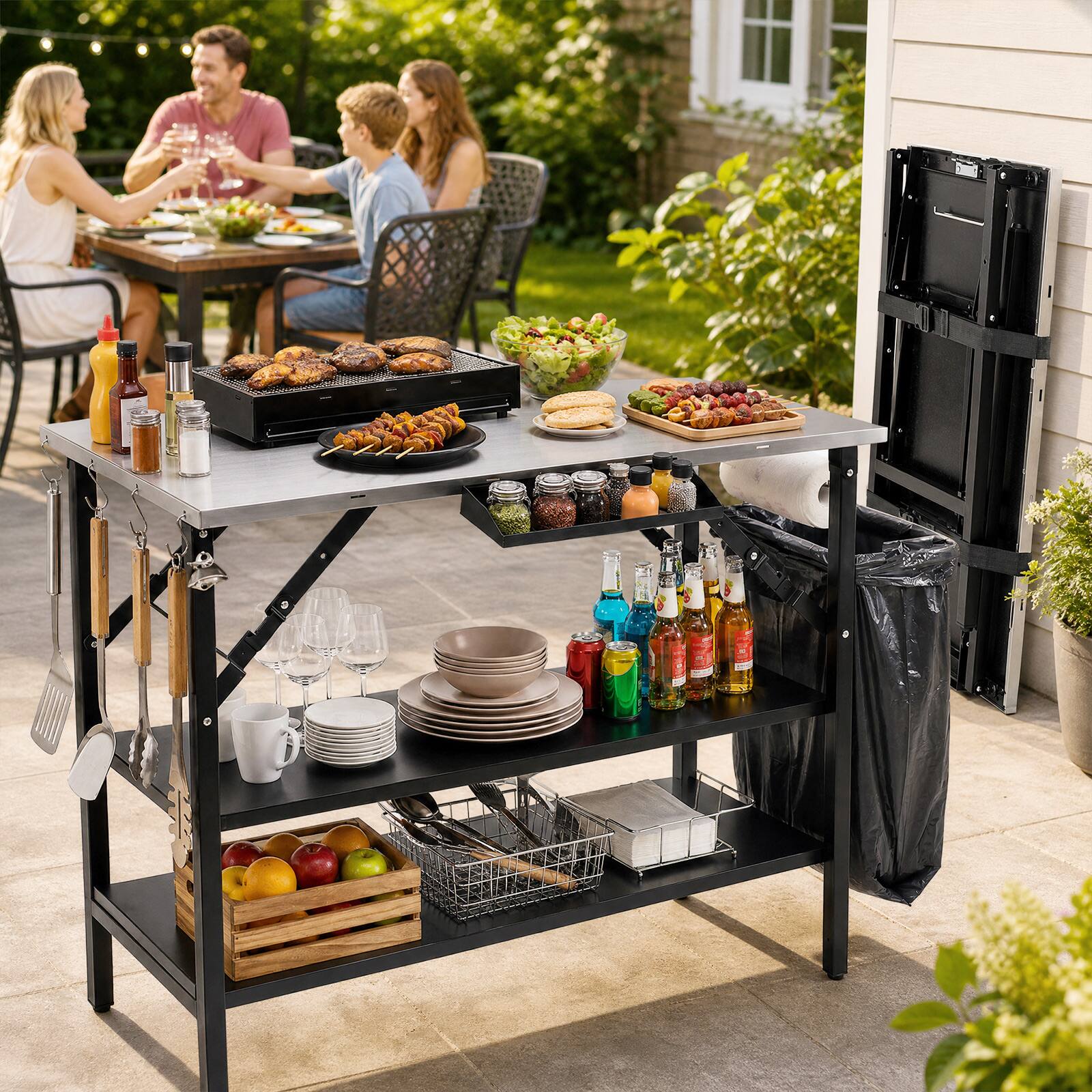 Alt View 2. Costway - Costway Foldable Outdoor Cook Station with 2 Removable Shelves, Trash Bag Holder, 4 S-Hooks - Black + Silver.