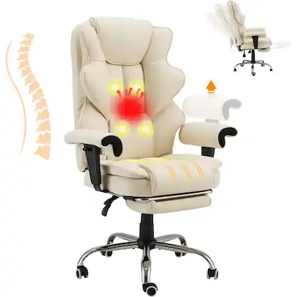 Front. U-HOMY - Ergonomic Reclining Massage Office Chair, 4-Point Vibrating Desk Chair with Footrest & Adjustable Armrests - Beige.