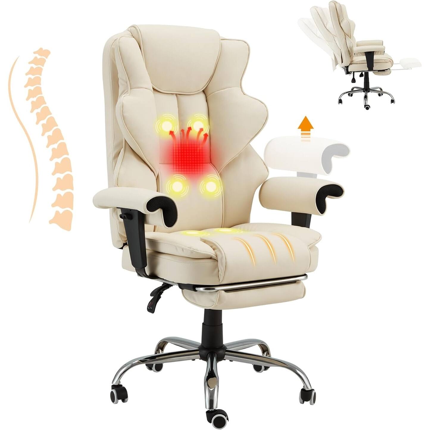 U-HOMY - Ergonomic Reclining Massage Office Chair, 4-Point Vibrating Desk Chair with Footrest & Adjustable Armrests - Beige