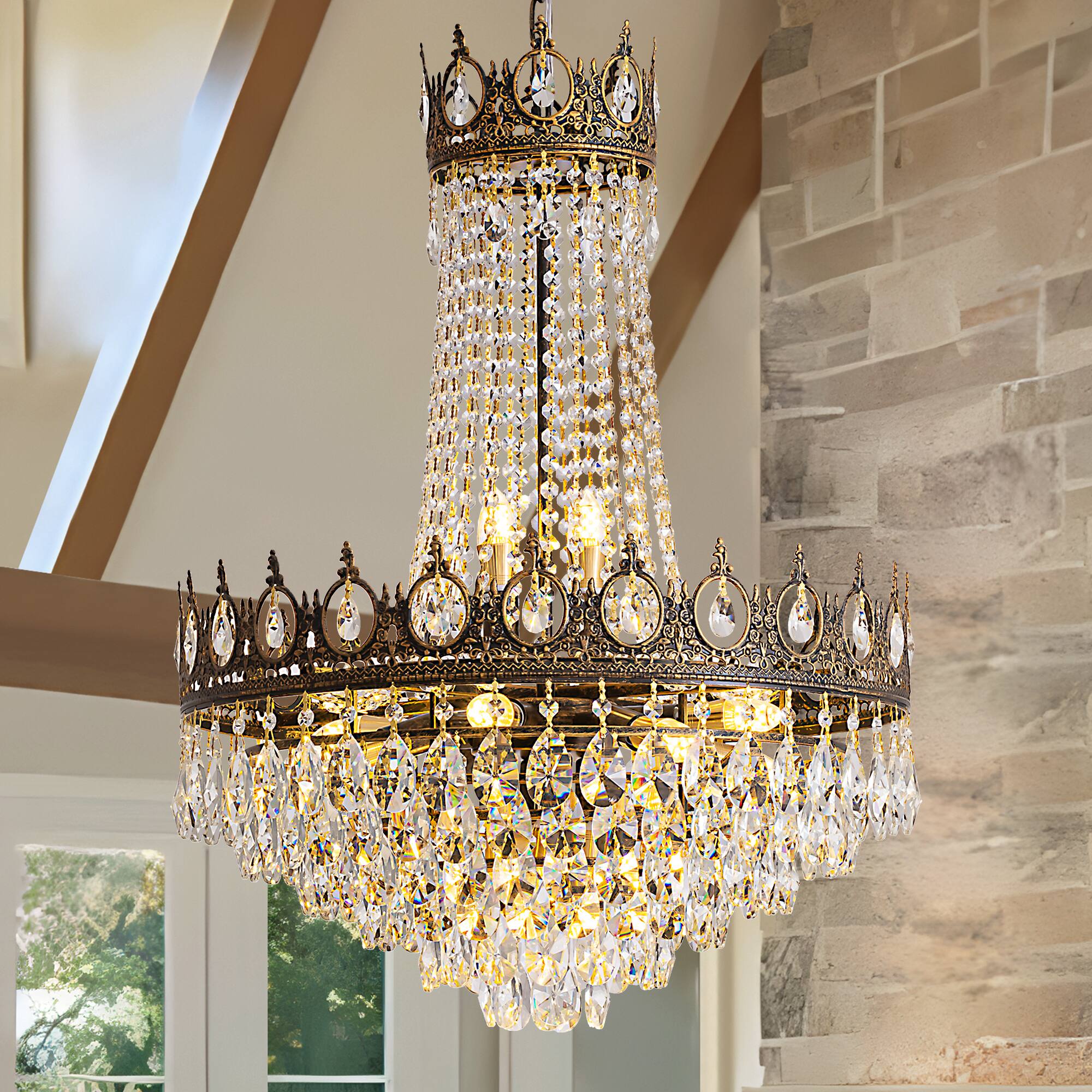 Front. Siljoy - Vintage French Empire Crystal Chandeliers, 14-Light Antique Bronze Luxury Chandelier for Foyer, Entryway, Living Room - Antique Bronze.