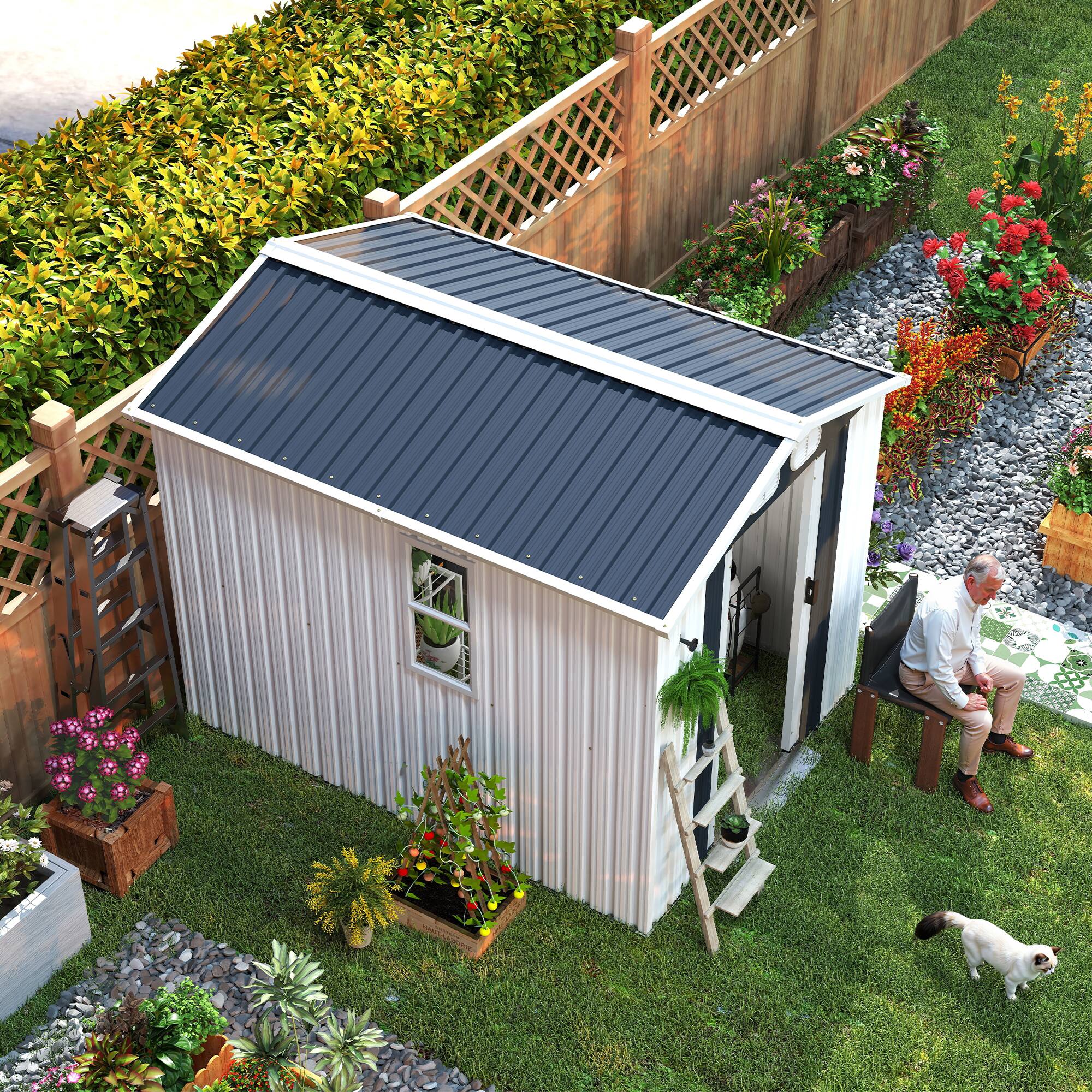 Back. Anysun - 6x8ft Metal Storage Shed with Lockable Door & Air Vents, Heavy-Duty Outdoor Garden Tool Shed for Backyard, Garden - White.