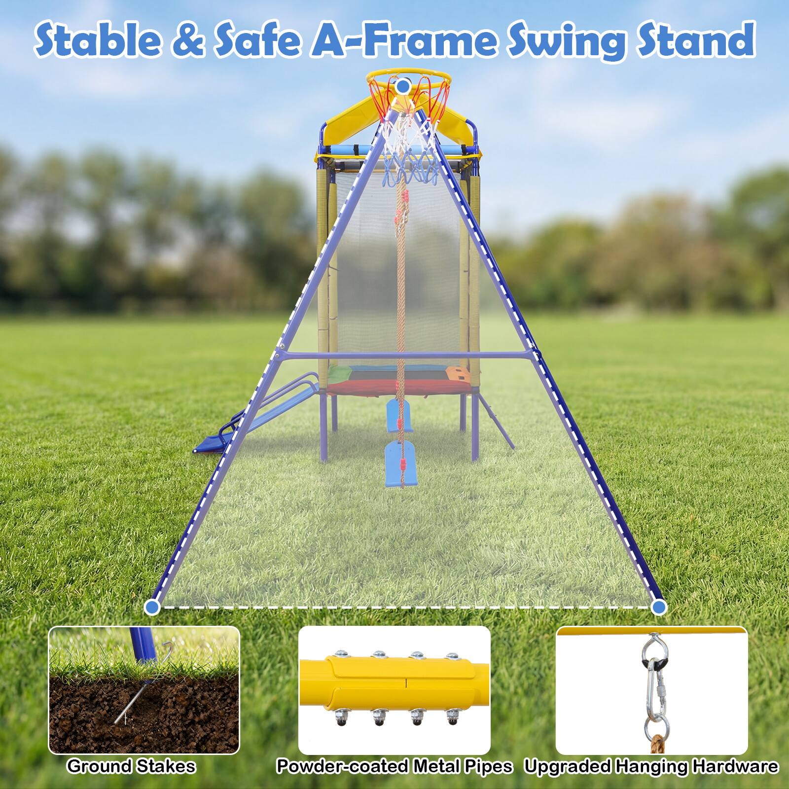 Stable & Safe A-Frame Swing Stand

- Ground Stakes
- Powder-coated Metal Pipes
- Upgraded Hanging Hardware