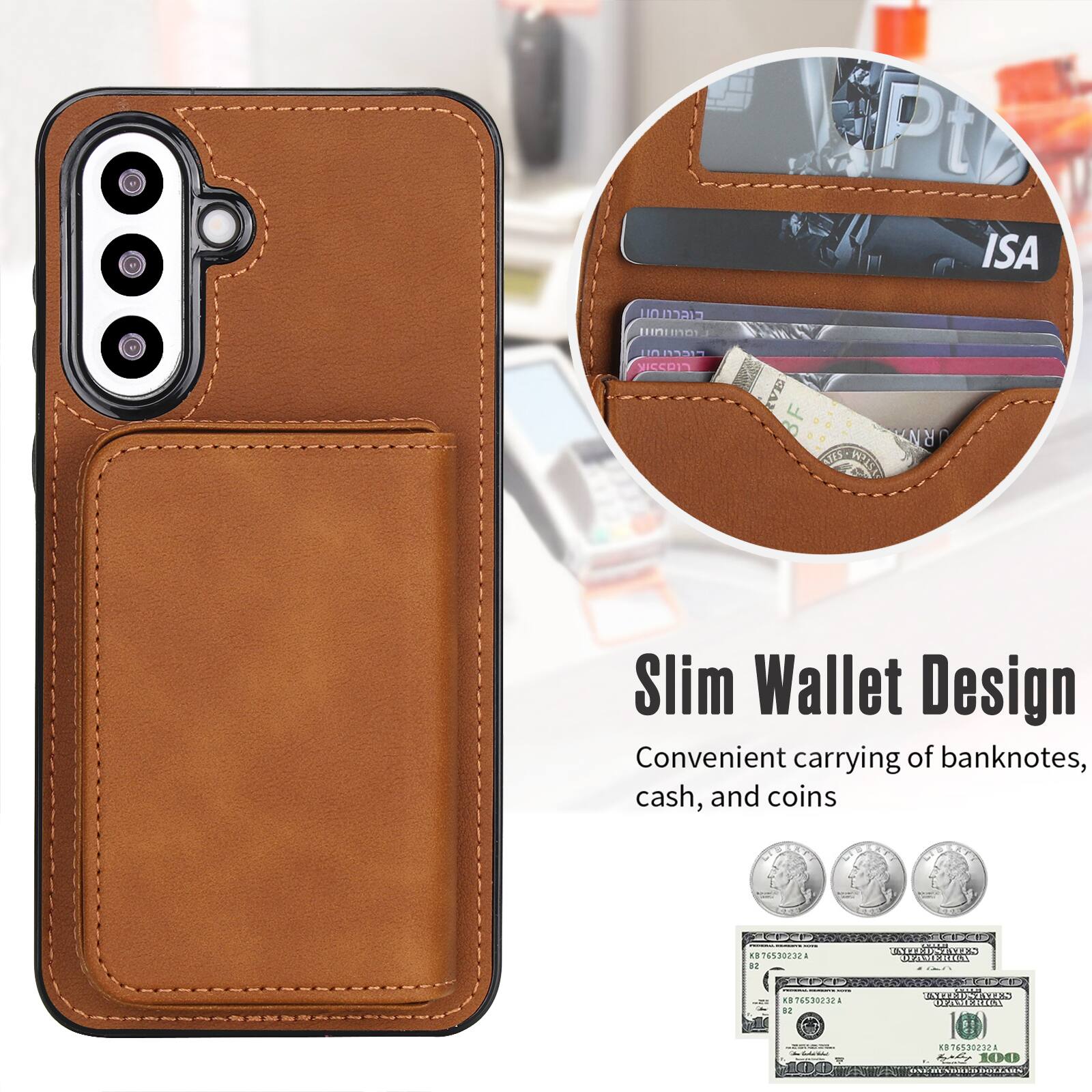 Slim Wallet Design  
Convenient carrying of banknotes, cash, and coins