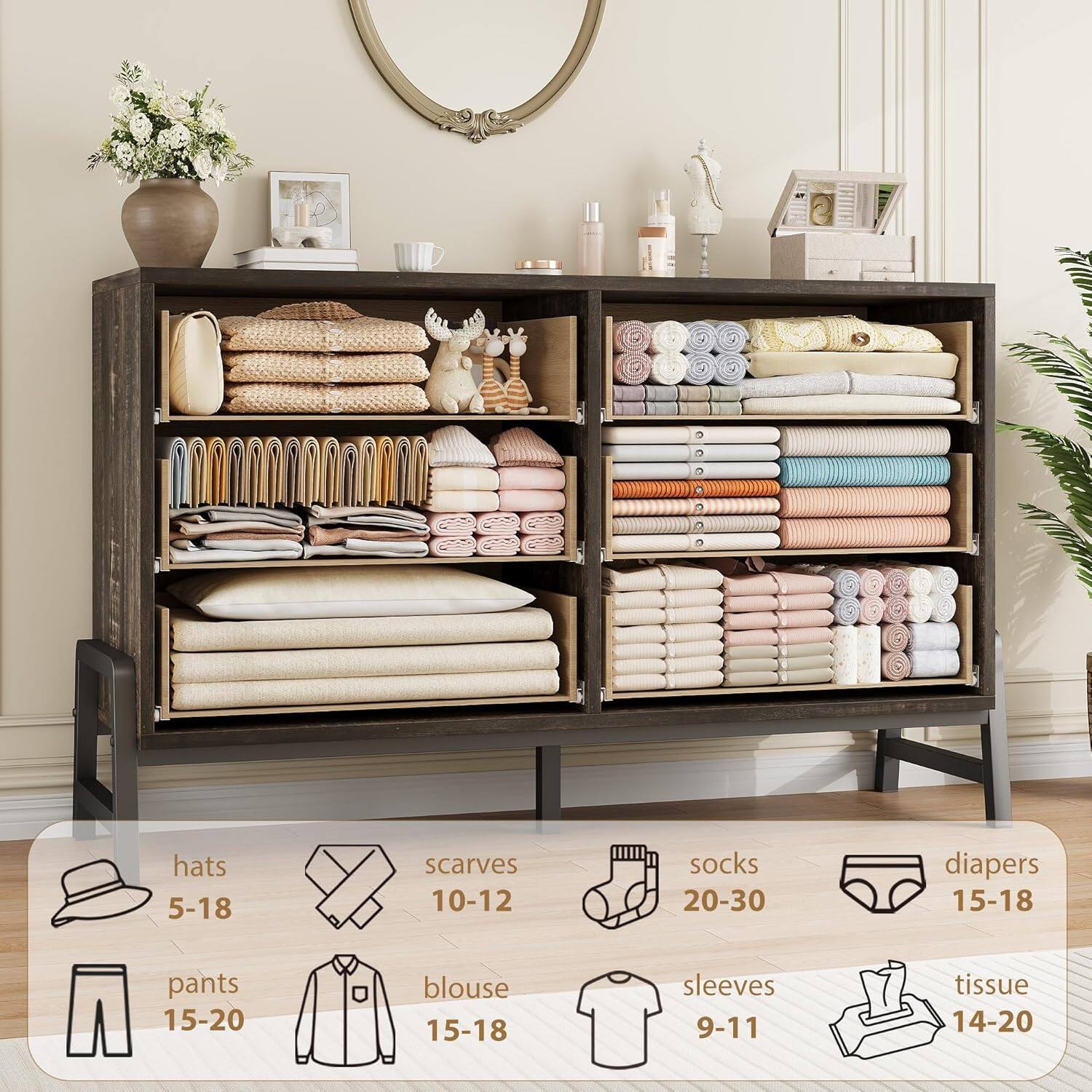 hats 5-18  
scarves 10-12  
socks 20-30  
diapers 15-18  
pants 15-20  
blouse 15-18  
sleeves 9-11  
tissue 14-20