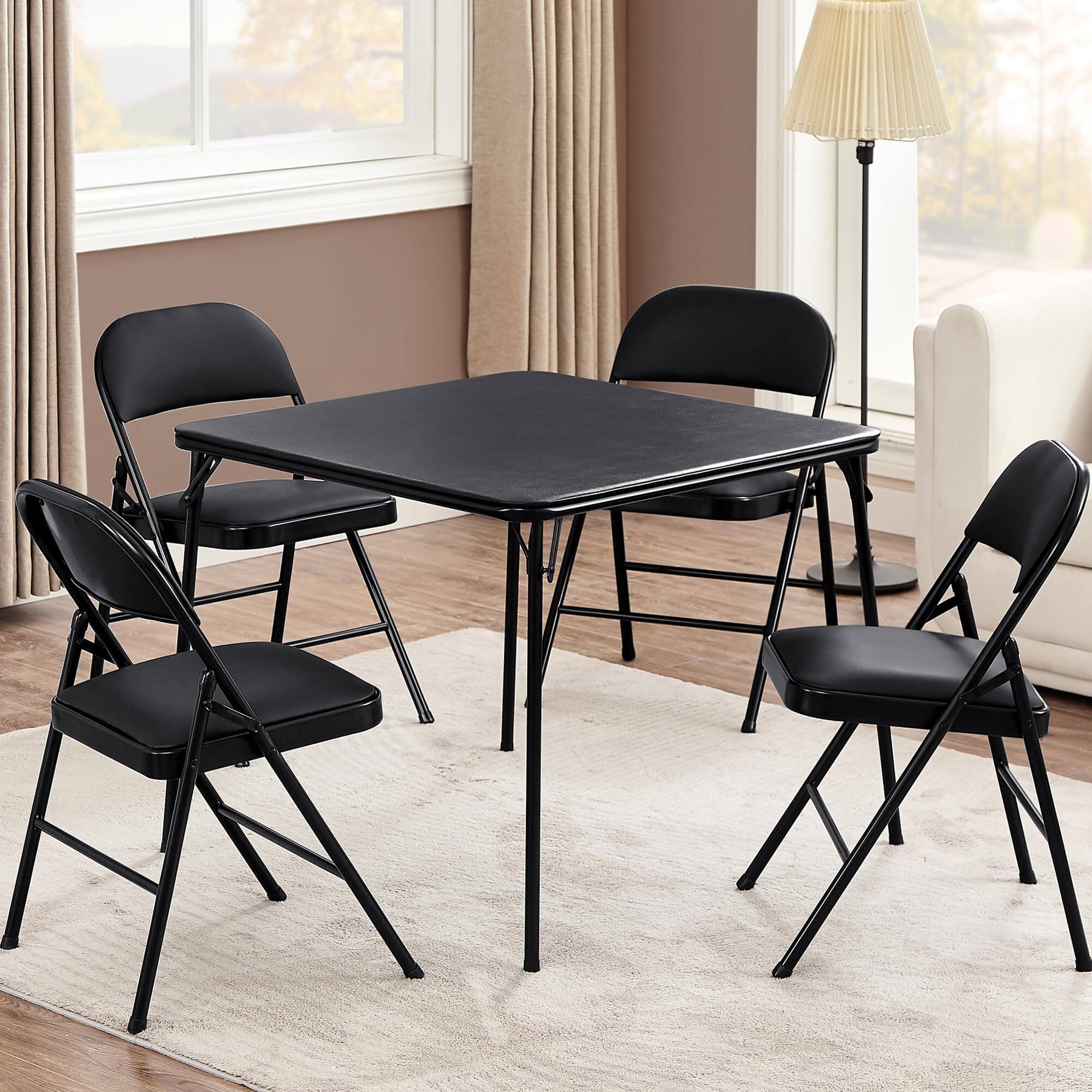 Front. JETRANSPORT - Portable Folding Card Table Square And Chair Set (5pc) With Collapsible & Vinyl Upholstery  Metal Black - Default.