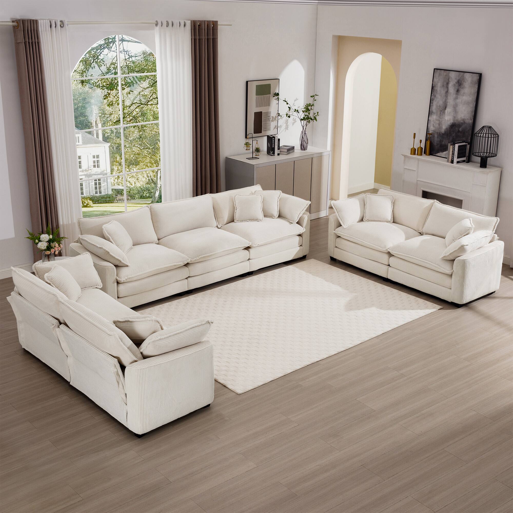 Angle. LOVMOR - Set Of 3 Deep Seat Easy Assembly Corduroy Sofa Set Memory Foam For Living Room Bedroom Club Soft Textured Home - Beige.