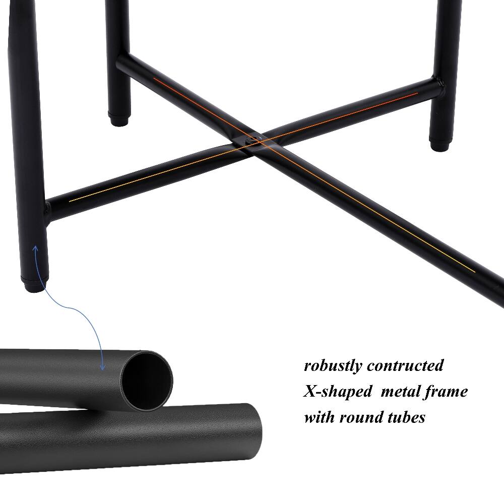 robustly constructed X-shaped metal frame with round tubes