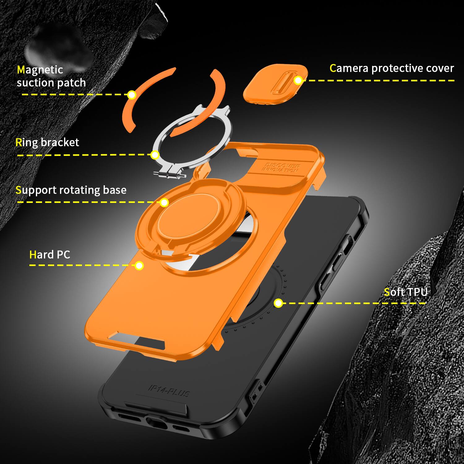 Magnetic suction patch  
Camera protective cover  
Ring bracket  
DISCOVER INNOVATION  
Support rotating base  
Hard PC  
Soft TPU  
IP14-PLUS