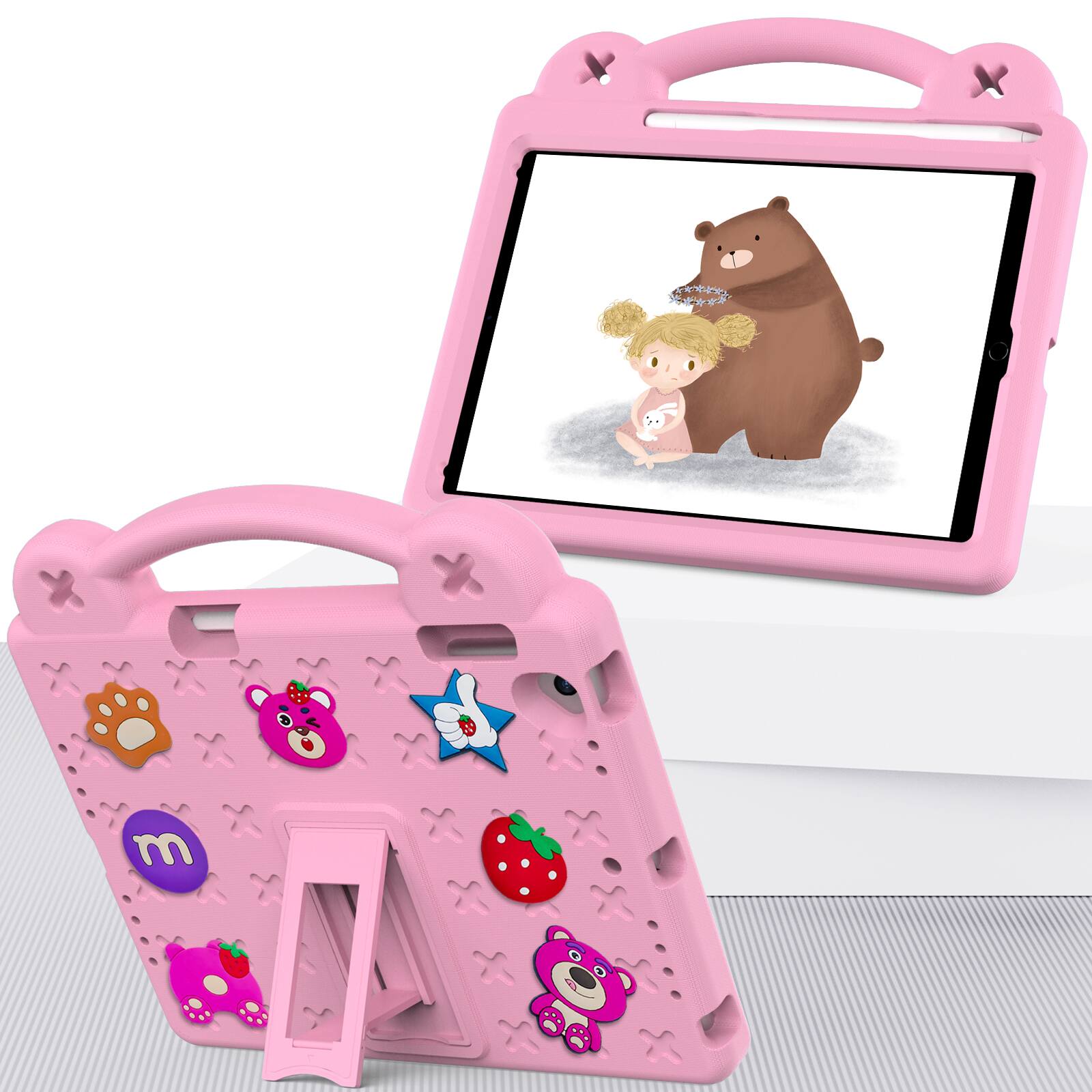 Angle. Dteck - For Apple iPad 6th/5th & iPad Pro 9.7'' Cute Cartoon Kid Case Built-in Kickstand Handle Grip Shockproof Cover - Pink.