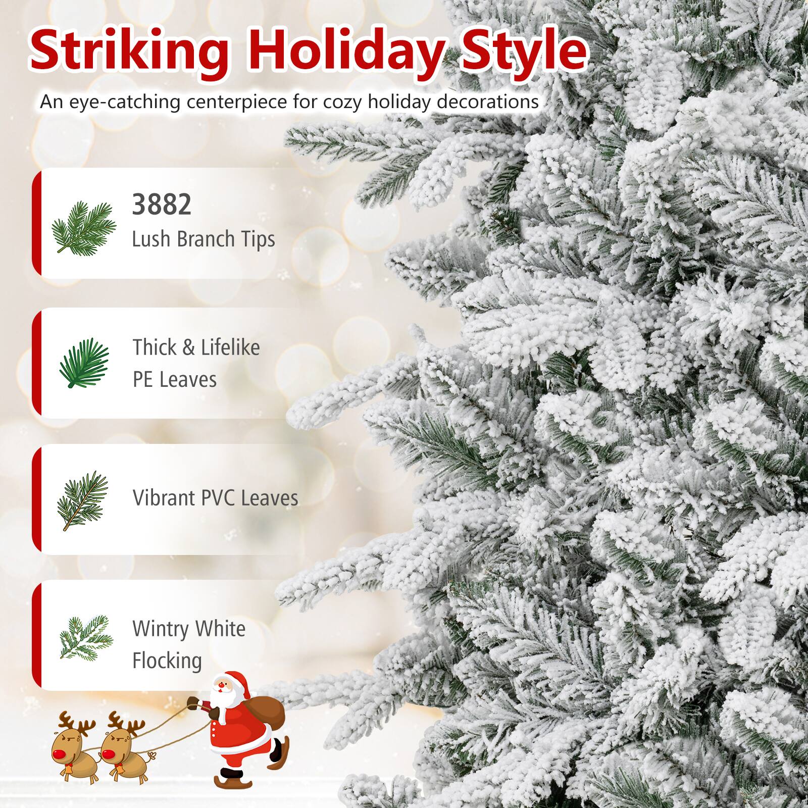Striking Holiday Style  
An eye-catching centerpiece for cozy holiday decorations

3882 Lush Branch Tips  
Thick & Lifelike PE Leaves  
Vibrant PVC Leaves  
Wintry White Flocking