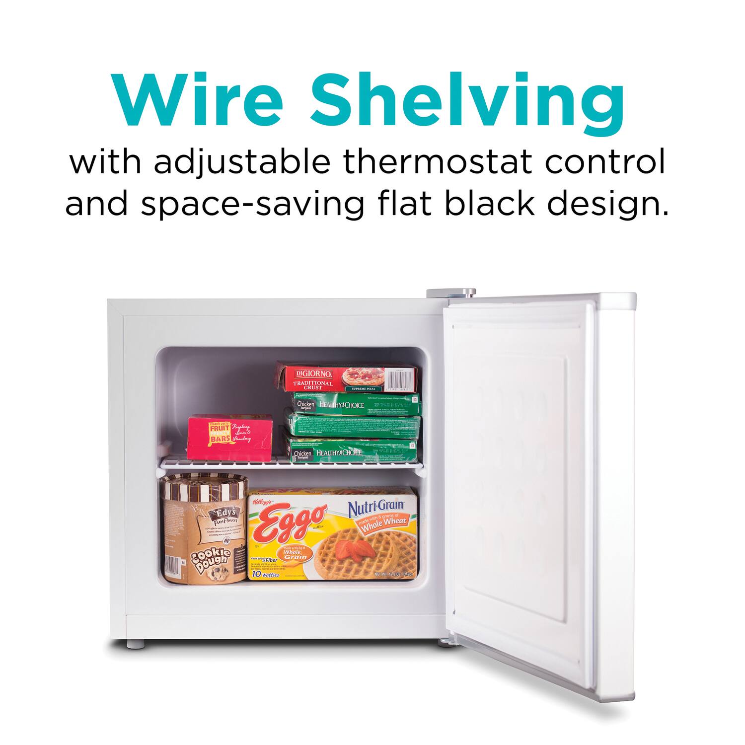 Wire Shelving with adjustable thermostat control and space-saving flat black design.