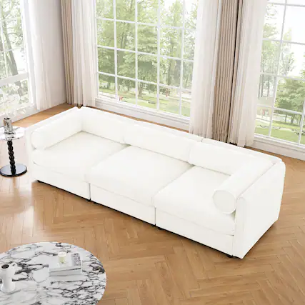Front. Anysun - Chenille 3-Seater Sofa with Hidden Storage - Cylindrical Backrest & Armrests, Contemporary Design. - White.