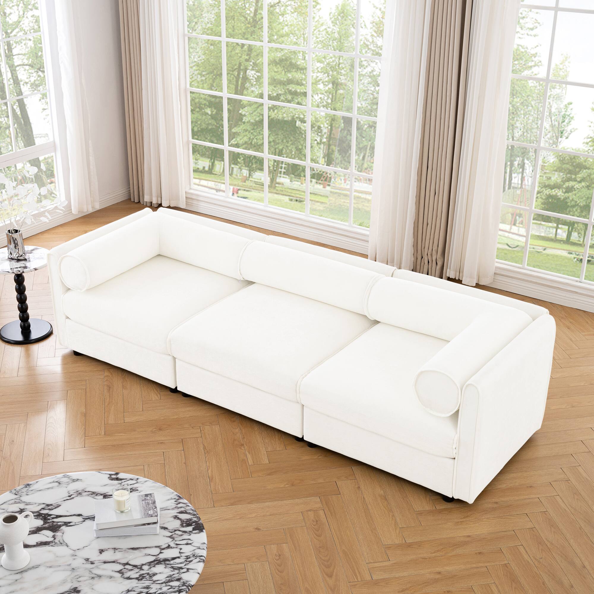 Front. Anysun - Chenille 3-Seater Sofa with Hidden Storage - Cylindrical Backrest & Armrests, Contemporary Design. - White.