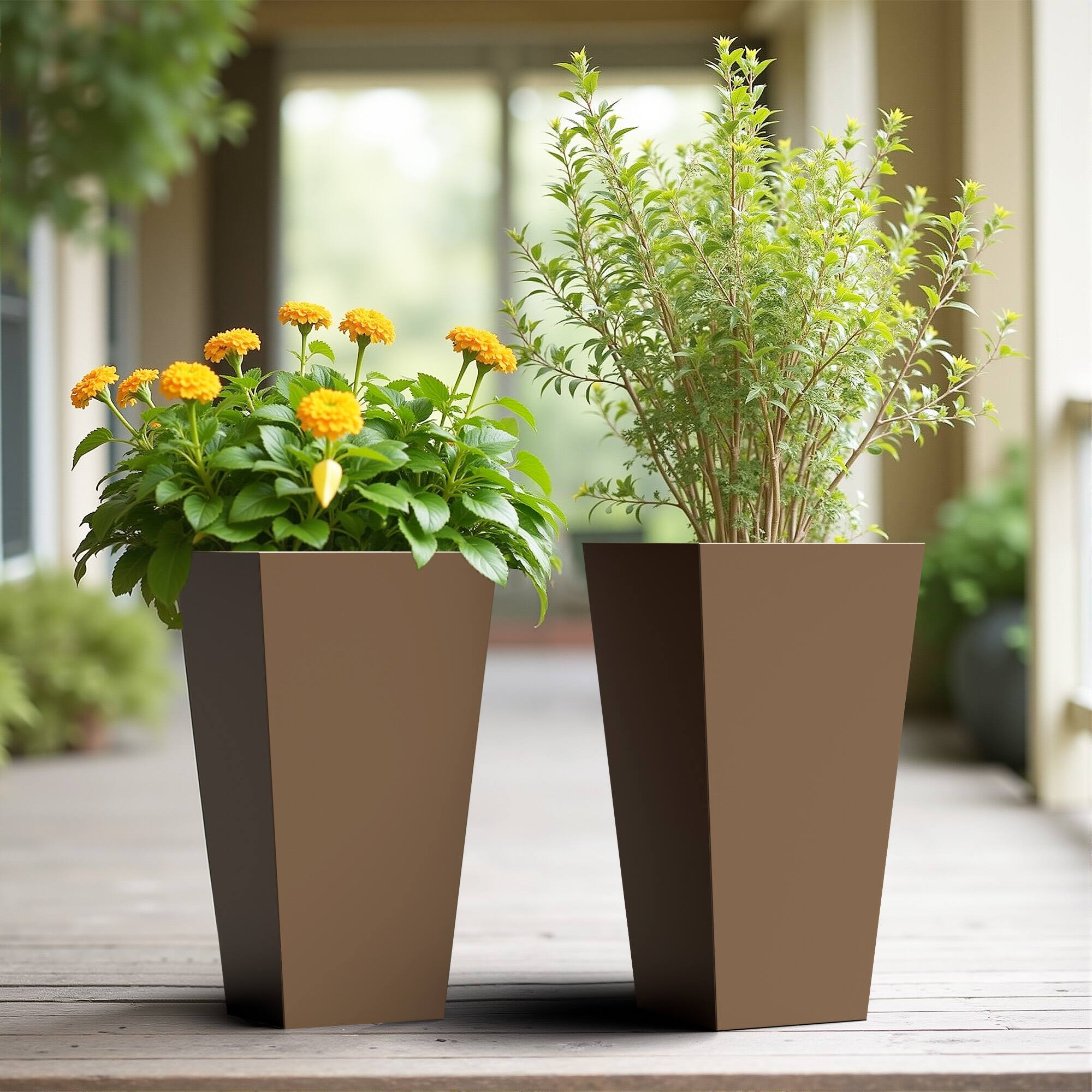 Alt View 4. PexFix - 28 in. H Metal Tapered Planter Pot with Drainage Hole – Indoor/Outdoor Planter Box for Patio, Entryway, Balcony, Garden - Brown.