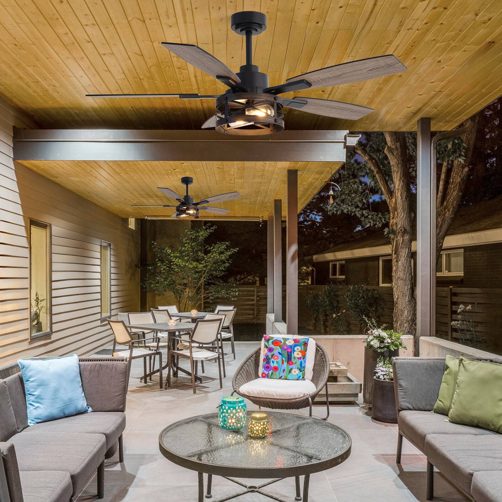 Left. Siljoy - 52-in Rustic Cage Ceiling Fan with Walnut or Black Color Blades Ceiling Fan With Light - Remote Included ( 5-Blade ) - Black and Gold Accents.