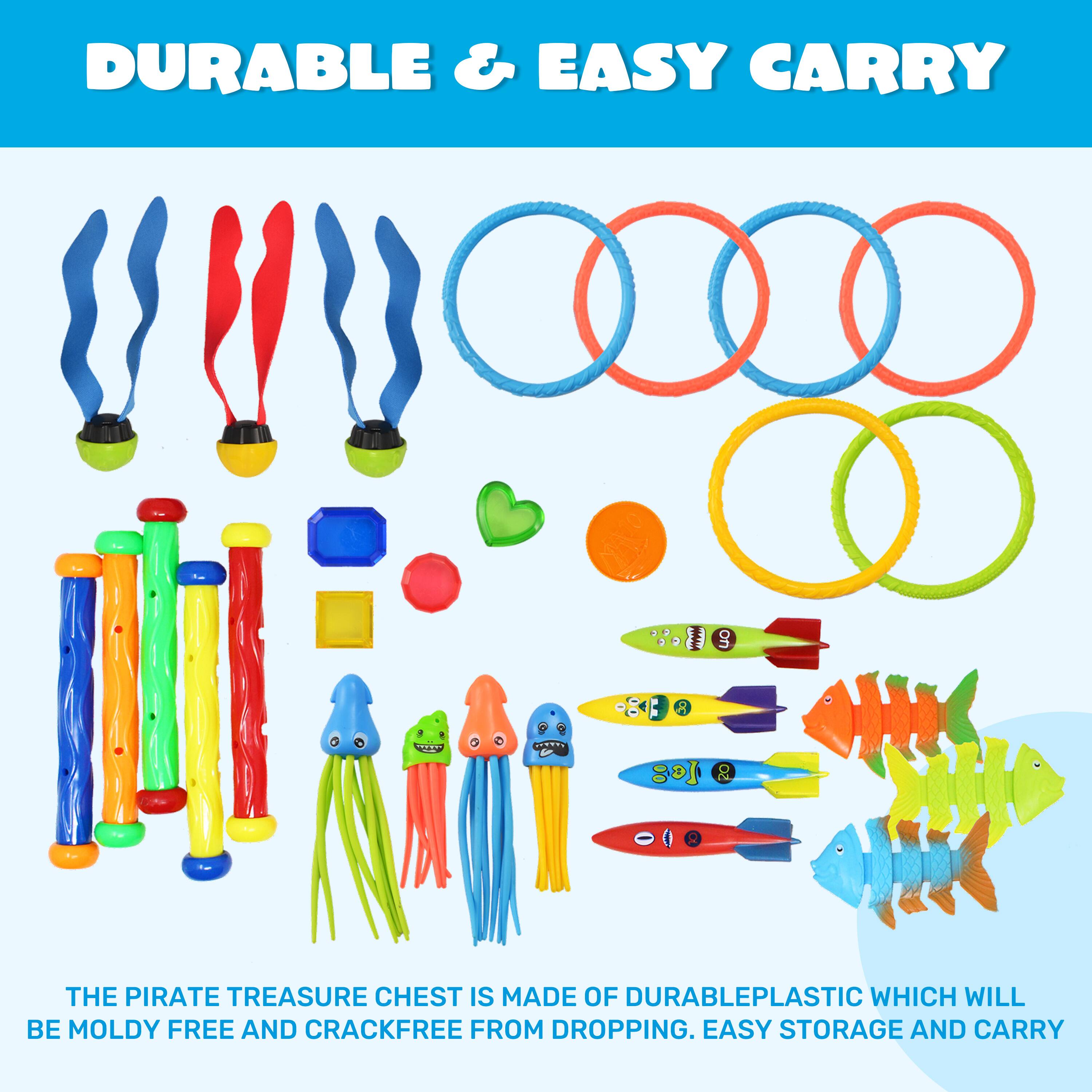 DURABLE & EASY CARRY

THE PIRATE TREASURE CHEST IS MADE OF DURABLE PLASTIC WHICH WILL BE MOLDY FREE AND CRACKFREE FROM DROPPING. EASY STORAGE AND CARRY