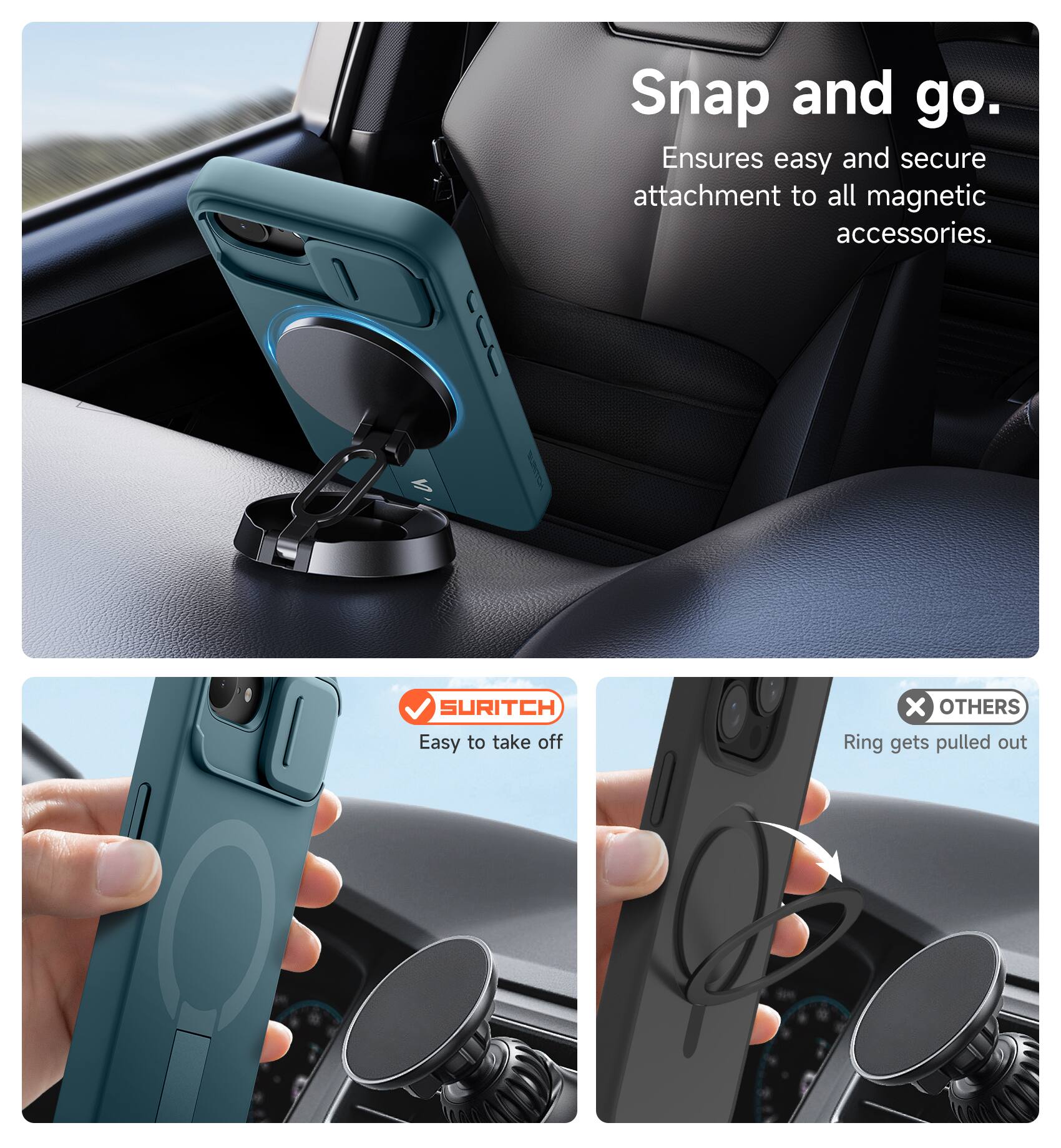 Snap and go.  
Ensures easy and secure attachment to all magnetic accessories.  

SURITCH  
Easy to take off  

OTHERS  
Ring gets pulled out