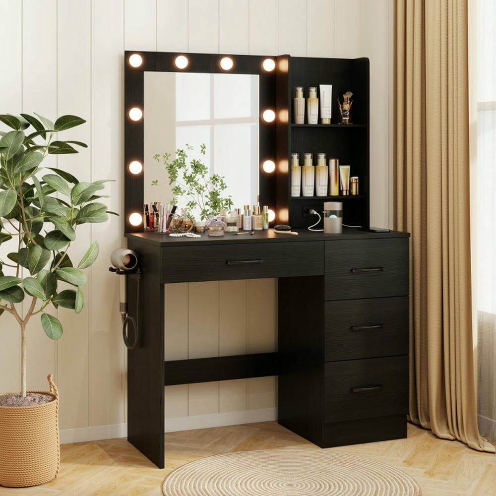 Alt View 6. Kadyn - Table Vanity, Vanity Desk,Vanity Desk with 3-Color Lights and Power Outlets-Black - Black.