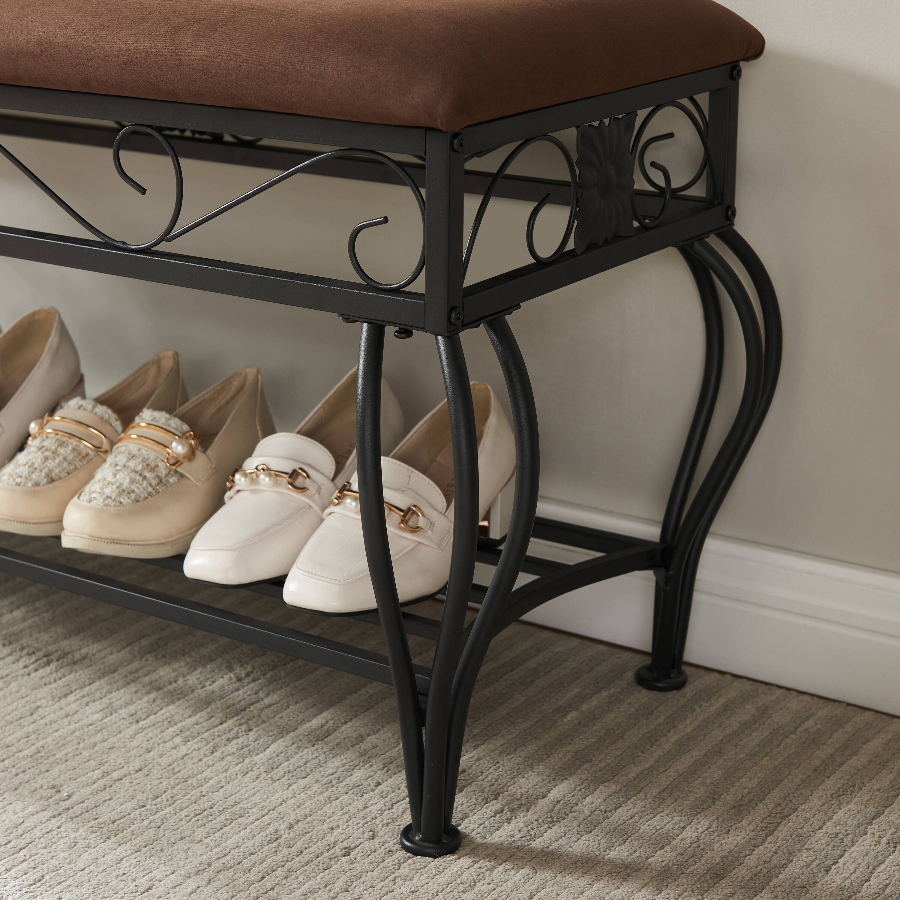 Back. Whisen - Upholstered Shoe Storage Bench with Open Shelf for Entryway and Hallway-Antique Brown - Brown.