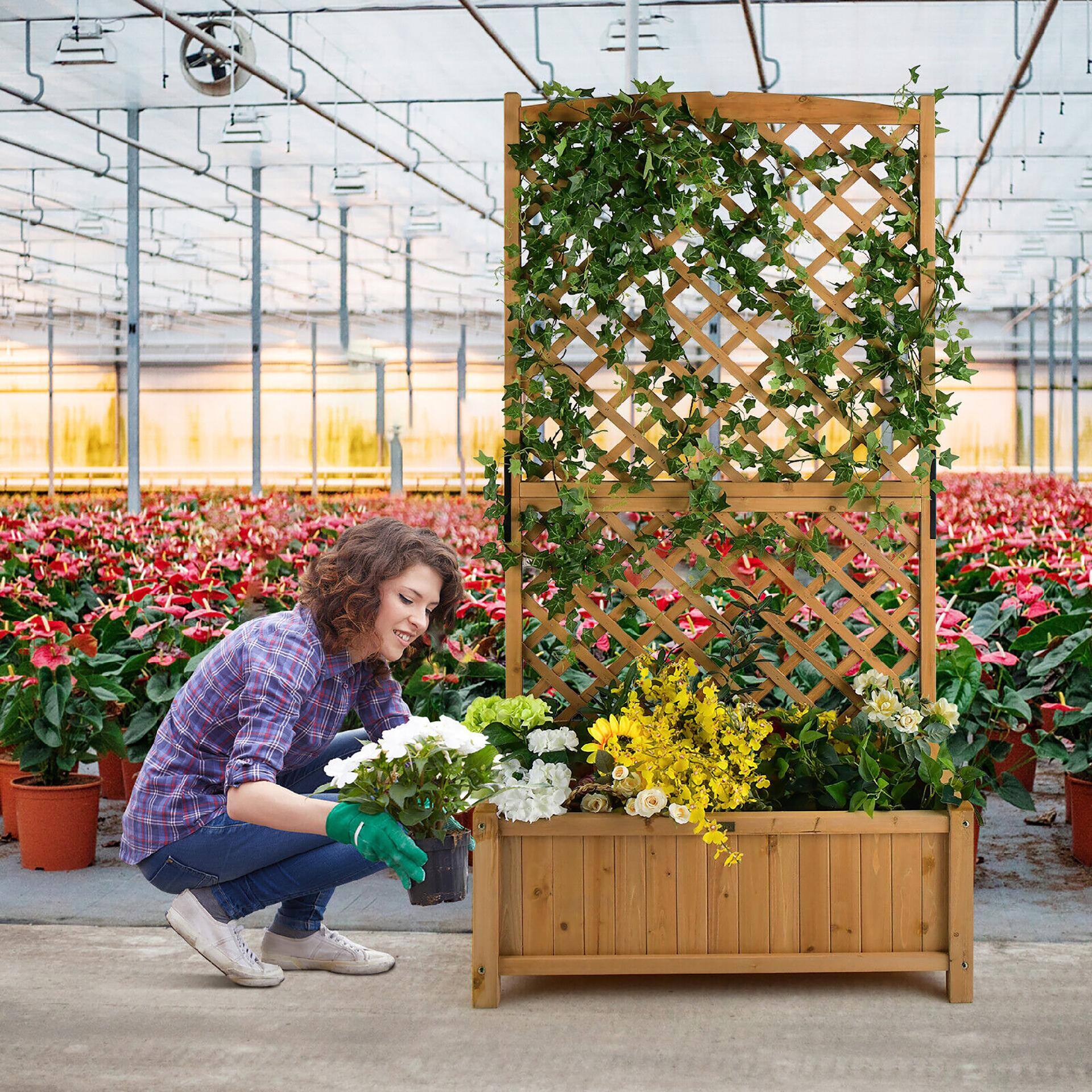 Alt View 3. Gymax - Gymax 71'' Tall Raised Garden Bed Wooden Planter w/ Trellis for Flower Climbing Plant - Orange.