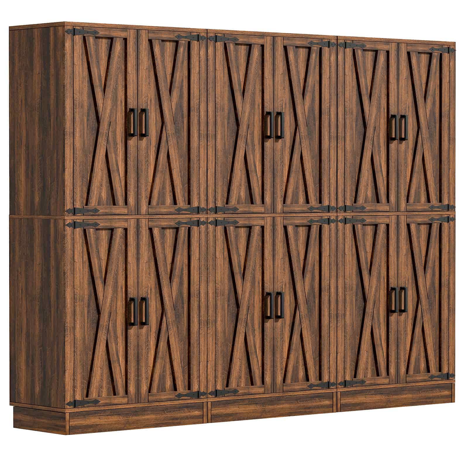 Angle. Aheaplus - 71'' Tall 4 Door Farmhouse Pantry Cabinet with Drawer and Adjustable Shelves, 70.8'' Width Food Cupboard, 3 Packs - Retro Brown.