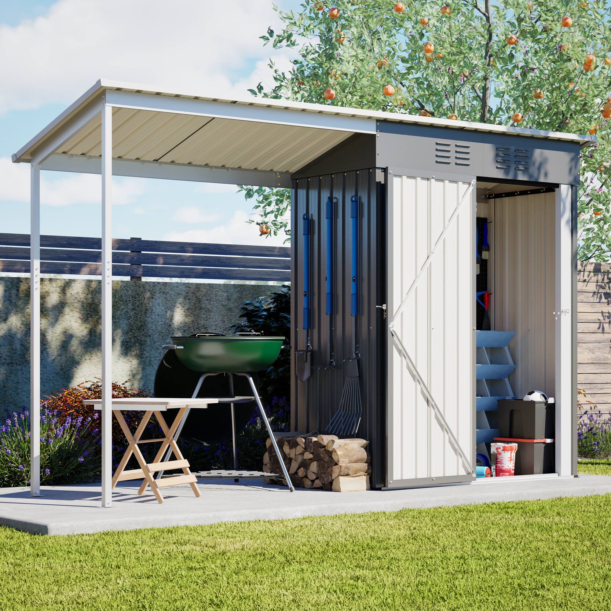 Alt View 6. Loheer - 5'x3' Lean-To Storage Shed with Attached Open Pergola – Dual Zone - Gray.