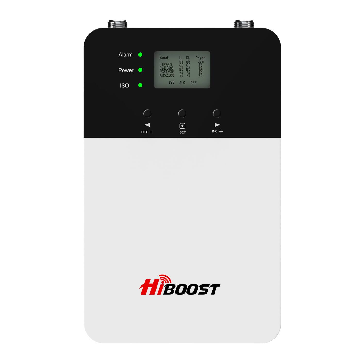Alarm Power ISO  
Band UL DL Poser 2 de de dae  
LIE723 N 23 12  
Cell800 5 54 23 12 15  
PCS1900 22 12  
H4 A2100 71 11 12  
IS: ALC OFF DEC ee SET INC HiBOOST  

DEC - SET INC +  

HiBOOST