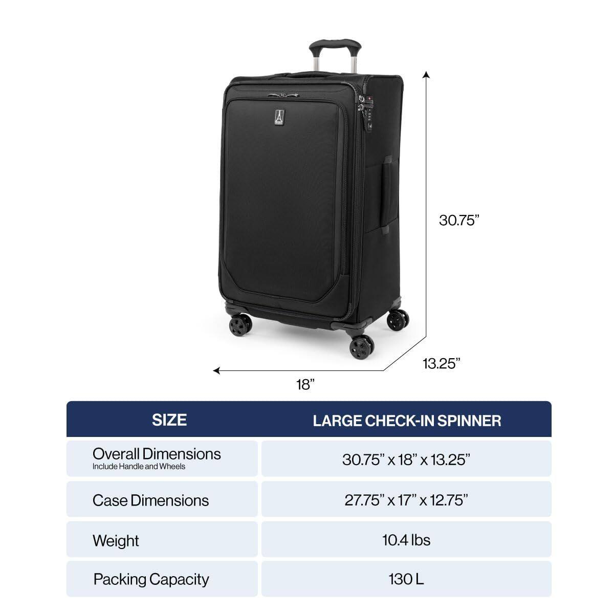 A 30.75" x 18" x 13.25" SIZE LARGE CHECK-IN SPINNER  
Overall Dimensions Include Handle and Wheels: 30.75" x 18" x 13.25"  
Case Dimensions: 27.75" x 17" x 12.75"  
Weight: 10.4 lbs  
Packing Capacity: 130 L