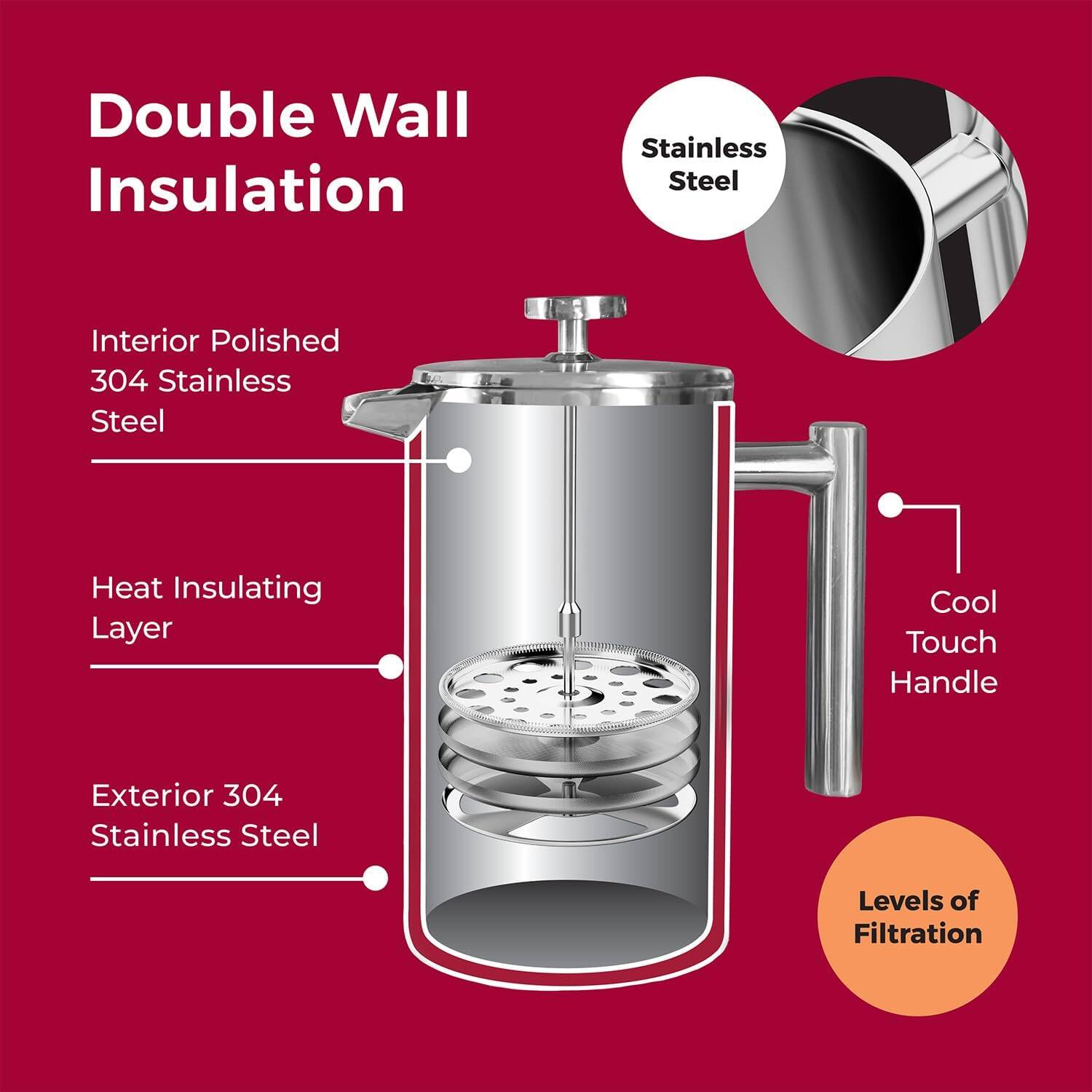 Double Wall Insulation, Stainless Steel, Interior Polished 304 Stainless Steel, Heat Insulating Layer, Cool Touch Handle, Exterior 304 Stainless Steel, Levels of Filtration