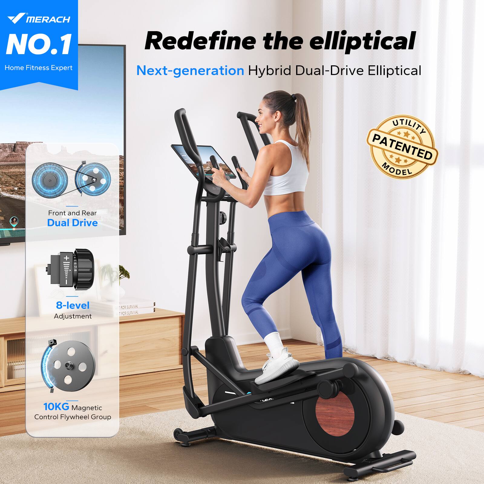 Alt View 1. MERACH - MERACH E27 Elliptical Magnetic Exercise Machine Hyper-Quiet 8 Resistance Levels - Black.