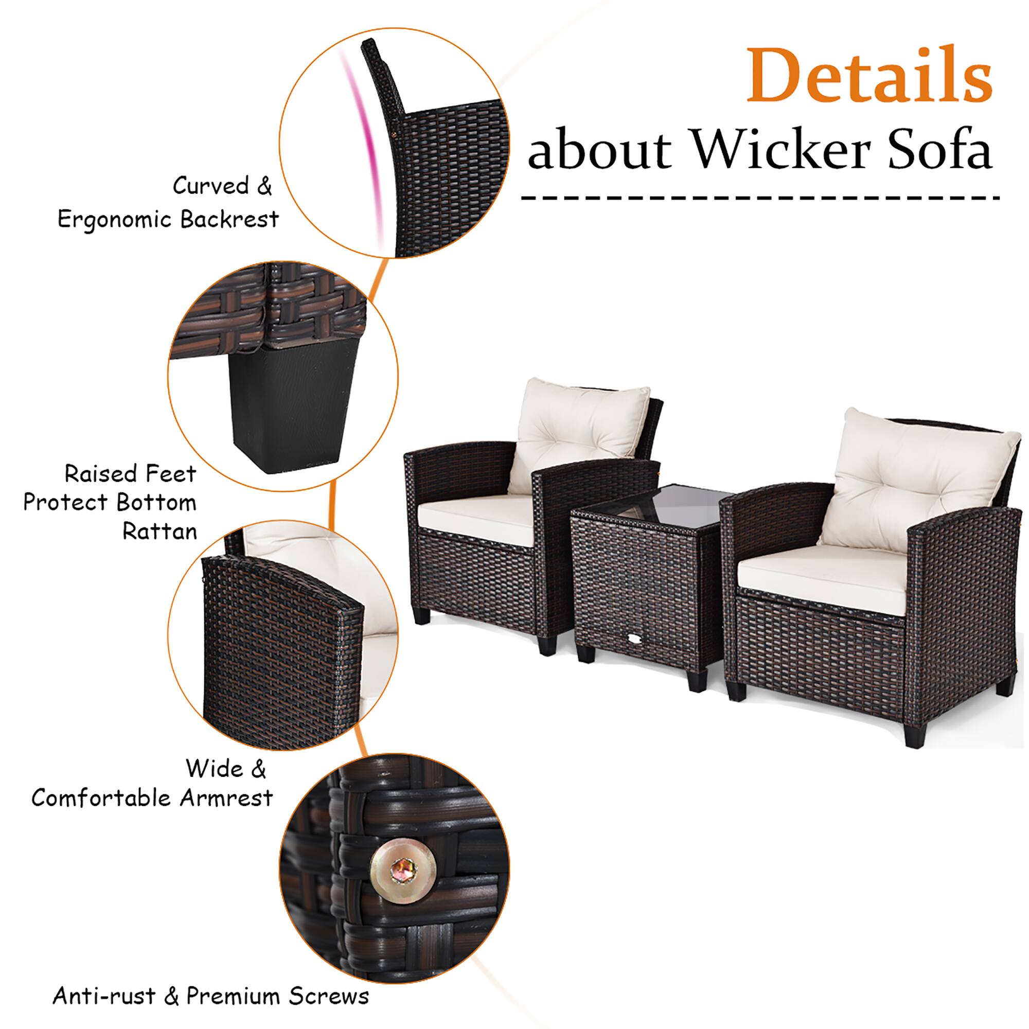 Details about Wicker Sofa: Curved & Ergonomic Backrest, Raised Feet, Protect Bottom Rattan, Wide & Comfortable Armrest, Anti-rust & Premium Screws.