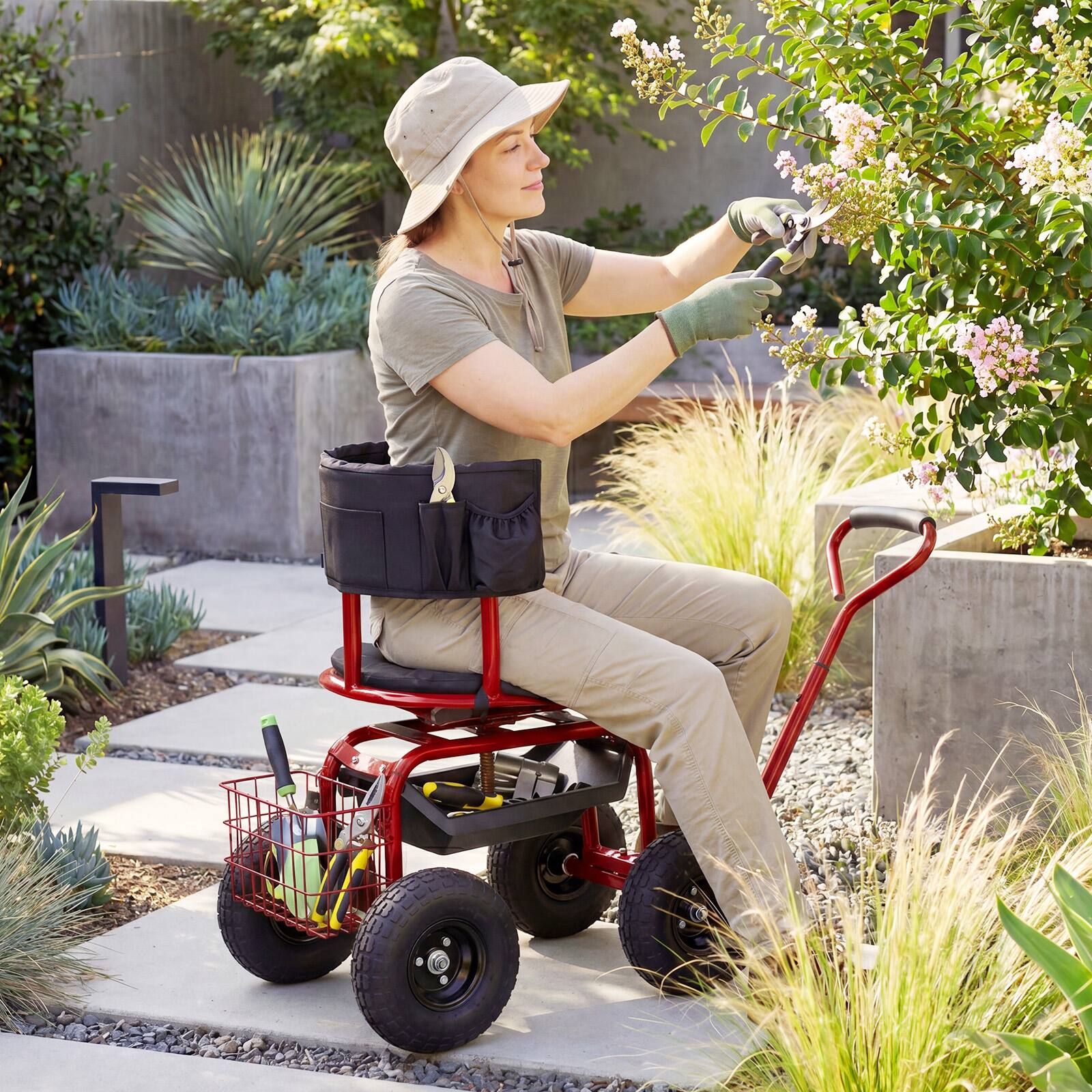 Alt View 1. Costway - Costway Rolling Garden Cart Height Adjustable Scooter with Swivel Seat & Tool Storage - Red.