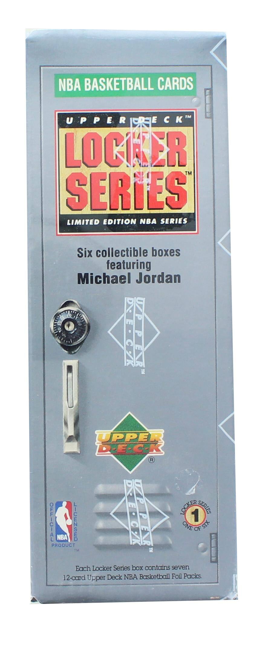 NBA BASKETBALL CARDS  
UPPER DECK™  
LOCKER SERIES™  
LIMITED EDITION NBA SERIES  

Six collectible boxes featuring Michael Jordan  

Each Locker Series box contains seven 12-card Upper Deck NBA Basketball Foil Packs  

OFFICIAL NBA LICENSED PRODUCT  

1 OF 50