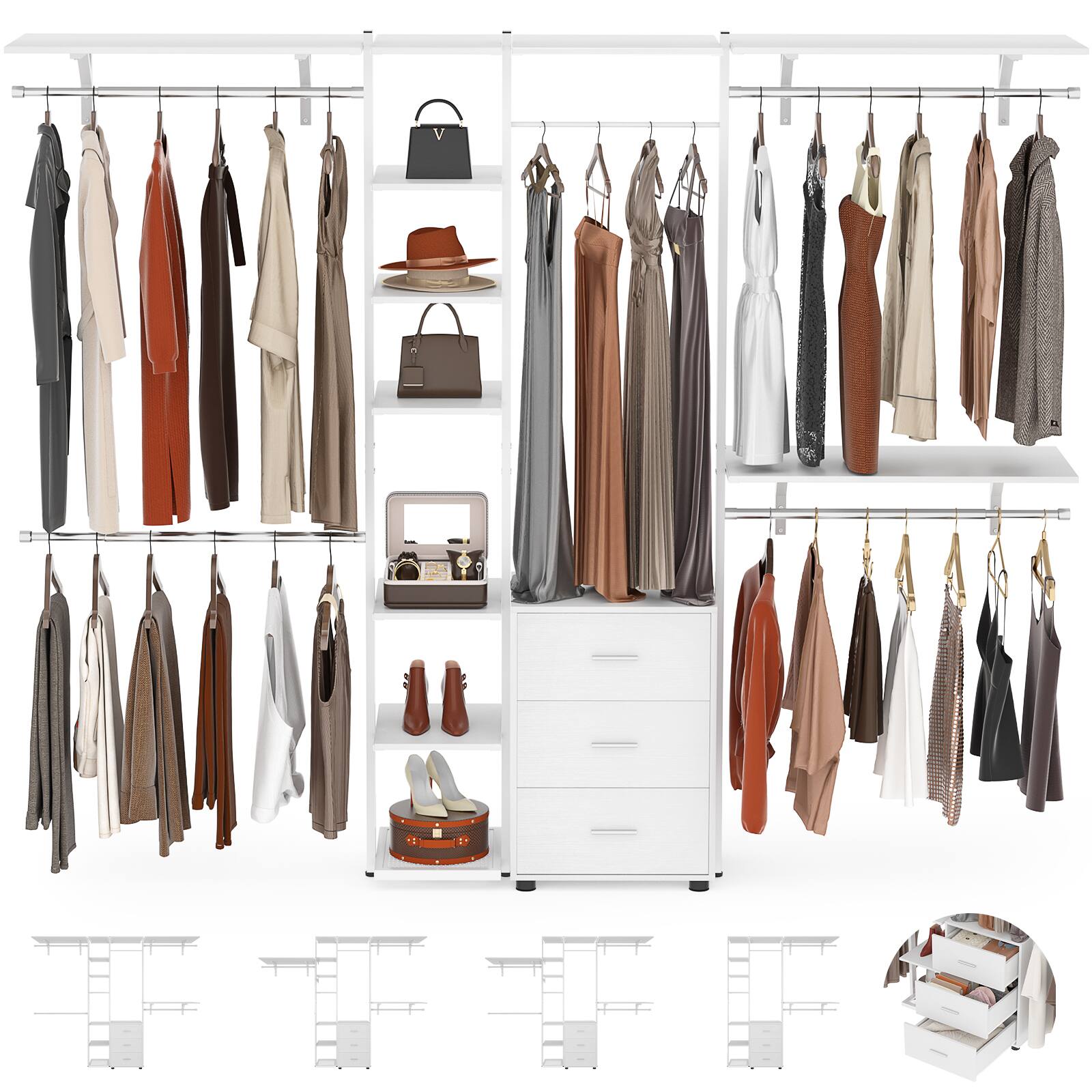 Alt View 2. Aheaplus - 96 Inch Freestanding Closet Organizer, All-in-One Closet System with 3 Drawers, 12 Shelves and 5 Hanging Rods - White.