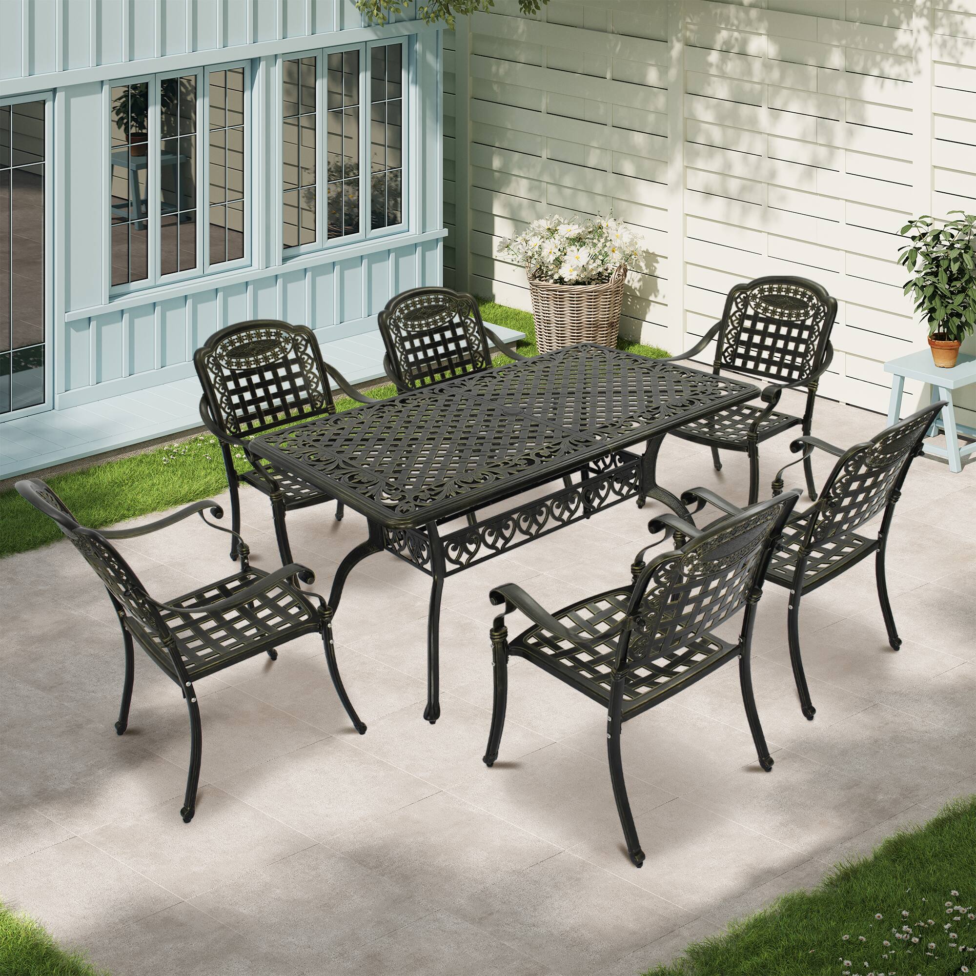 Left. Mondawe - 7-Piece Set Of Cast Aluminum Patio Furniture - Bronze.