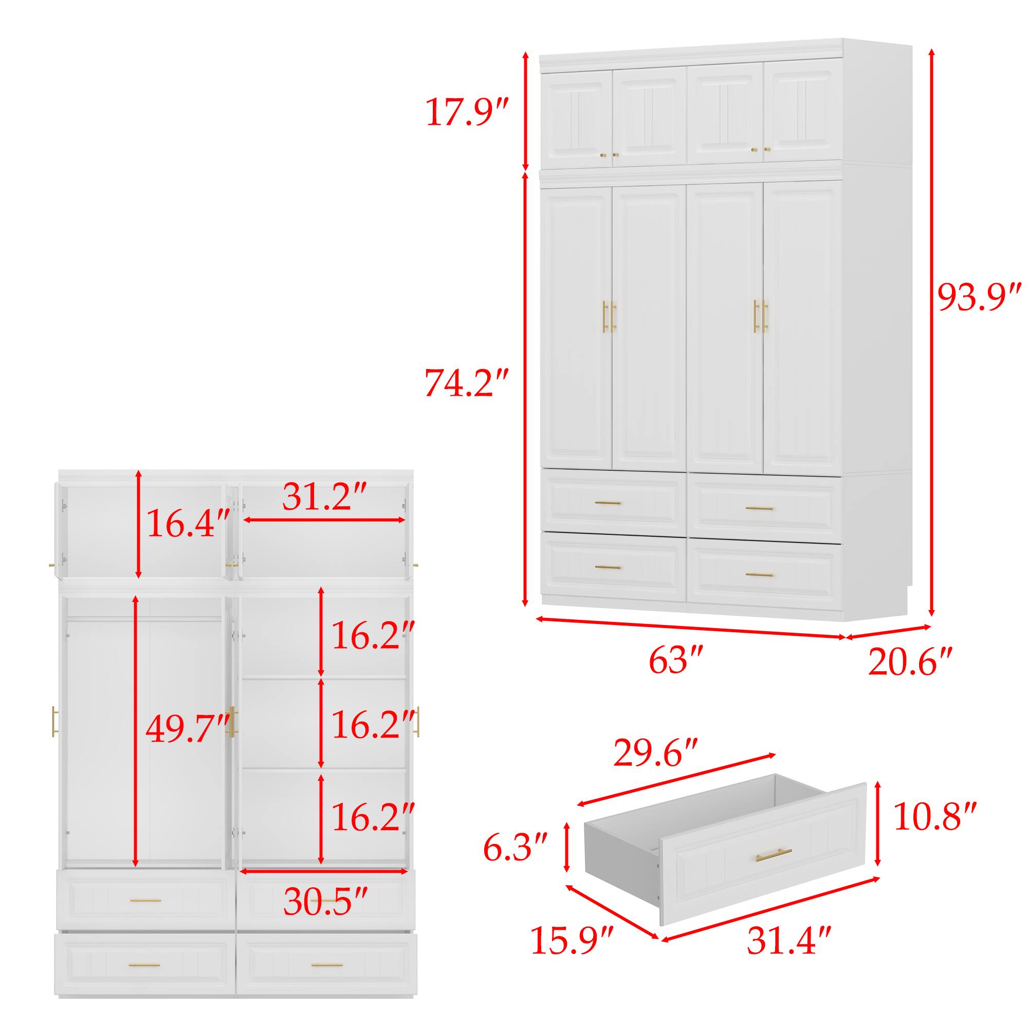 Height: 17.9", 93.9", 74.2"
Width: 63", 31.2", 16.4", 49.7", 16.2", 16.2", 30.5"
Depth: 29.6", 20.6", 16.2", 6.3", 15.9", 31.4", 10.8"