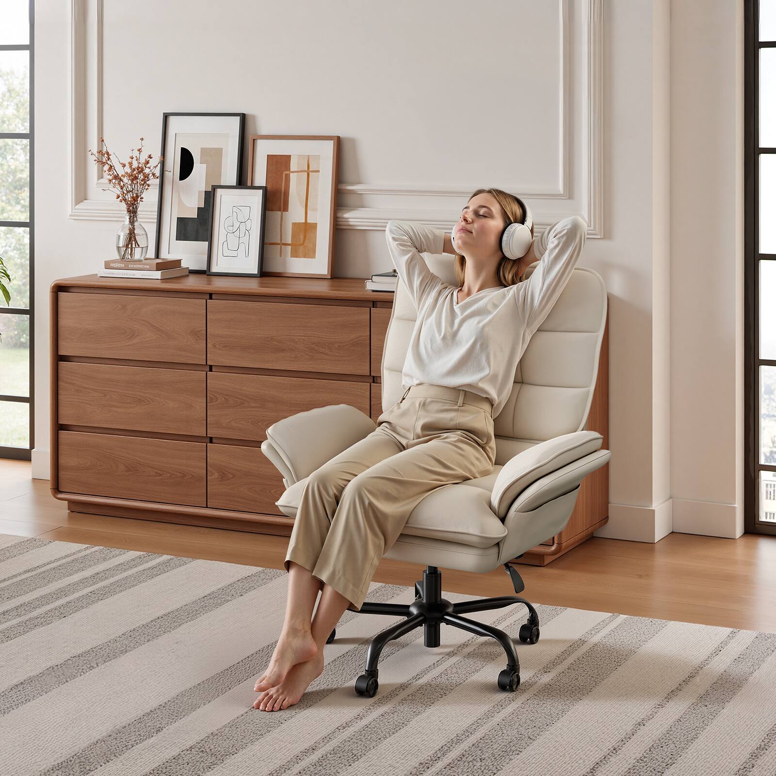 Back. Bestier - Office Cross-Legged Chair with Ergonomic Headrest, Flip-up Armrest & Adjustable Backrset for Home Office - Off-White PU Leather.