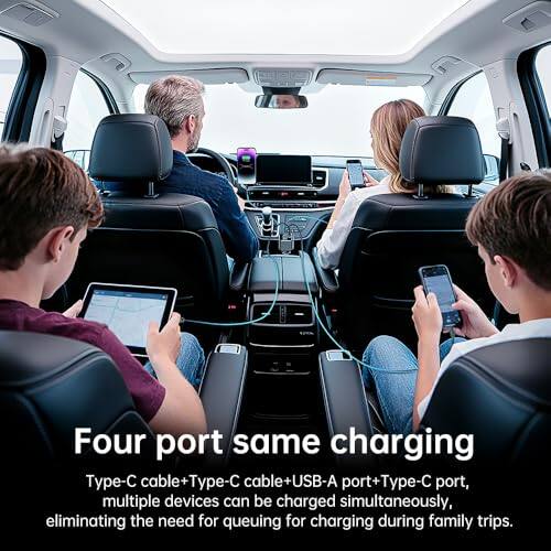 Four port same charging  
Type-C cable + Type-C cable + USB-A port + Type-C port, multiple devices can be charged simultaneously, eliminating the need for queuing for charging during family trips.