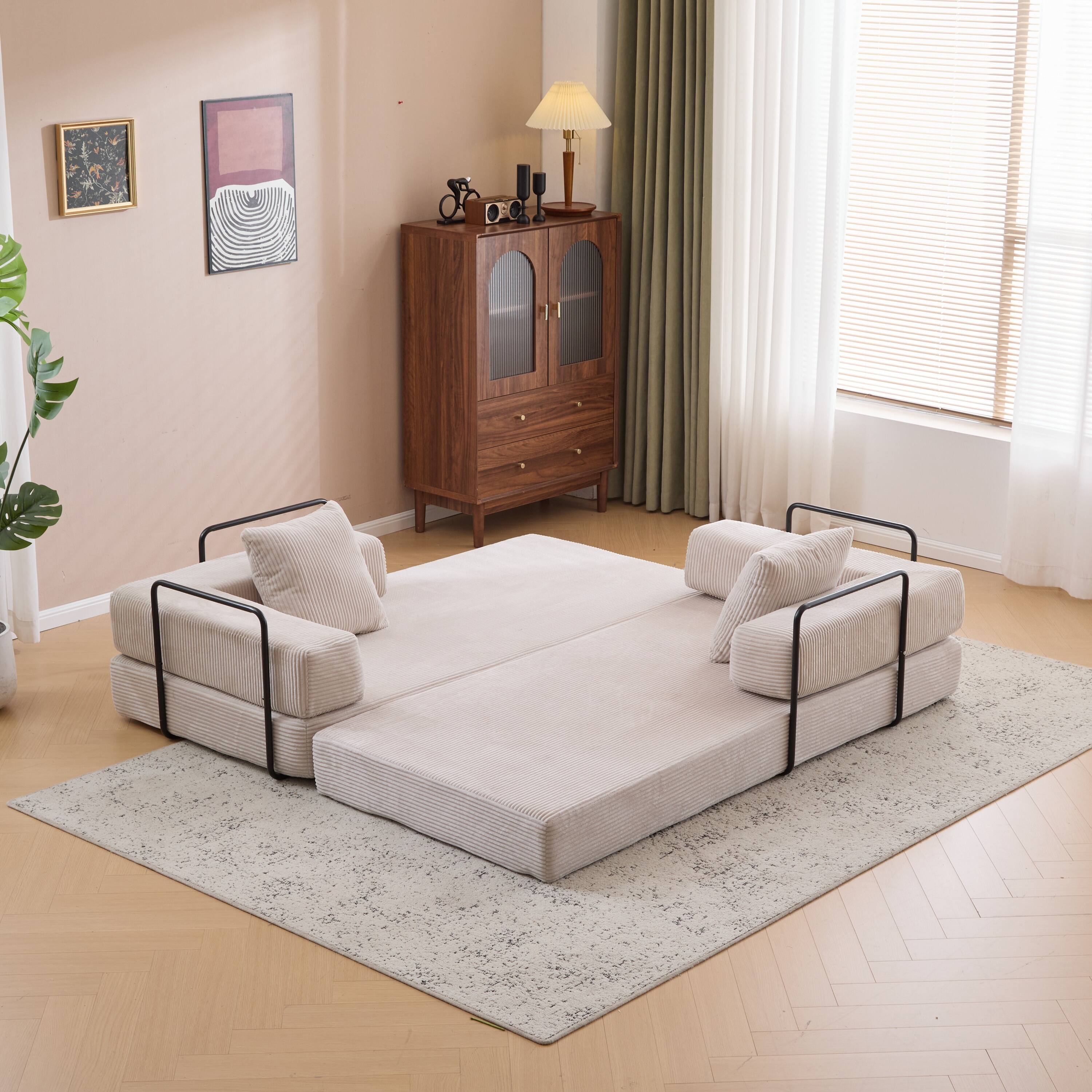 Alt View 3. Anysun - Corduroy Convertible Floor Sofa Bed with Pillow Support & Armrest - Compression Couch Sleeper for Living Room & Bedroom - Light Gray.