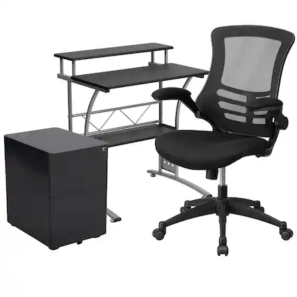 Front. Emma + Oliver - Work From Home Kit-Computer Desk, Ergonomic Office Chair, Mobile Filing Cabinet - Black.