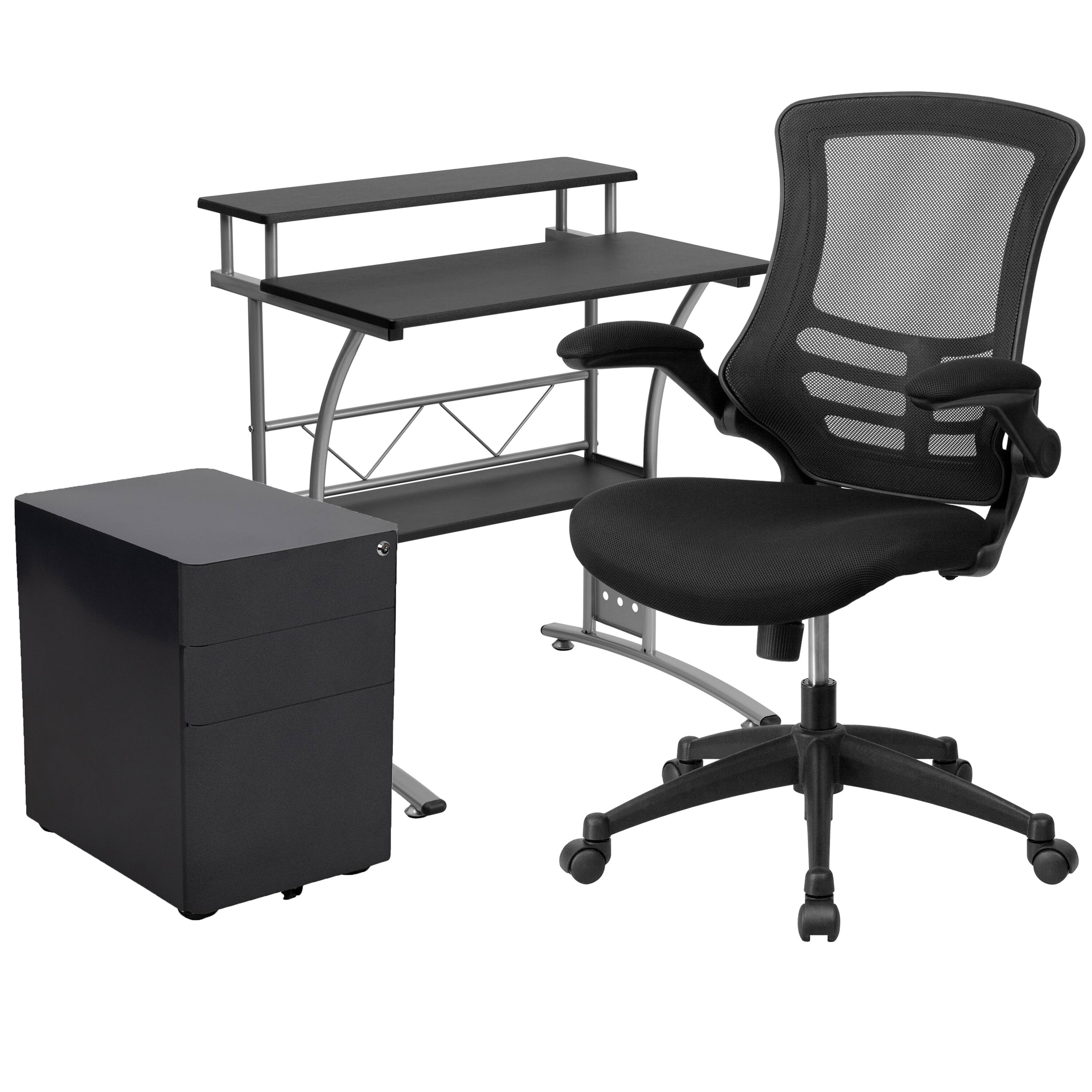 Front. Emma + Oliver - Work From Home Kit-Computer Desk, Ergonomic Office Chair, Mobile Filing Cabinet - Black.