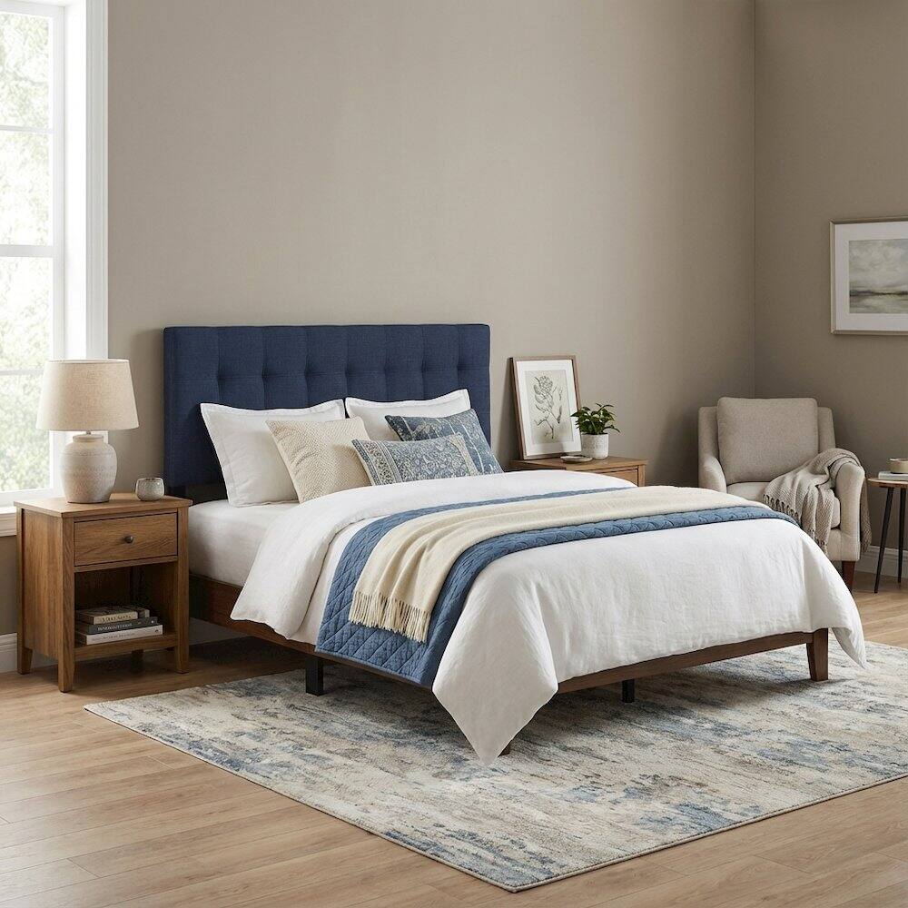 Left. FurniFact - Upholstered Fabric Queen Headboard with Soft Padding and Sturdy Frame - Blue.