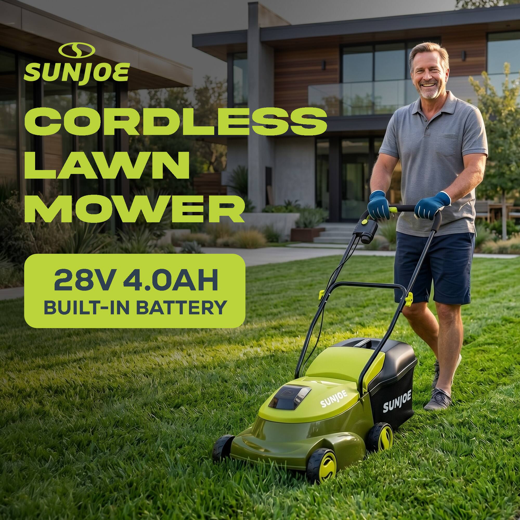 SUNJOE CORDLESS LAWN MOWER 28V 4.0AH BUILT-IN BATTERY