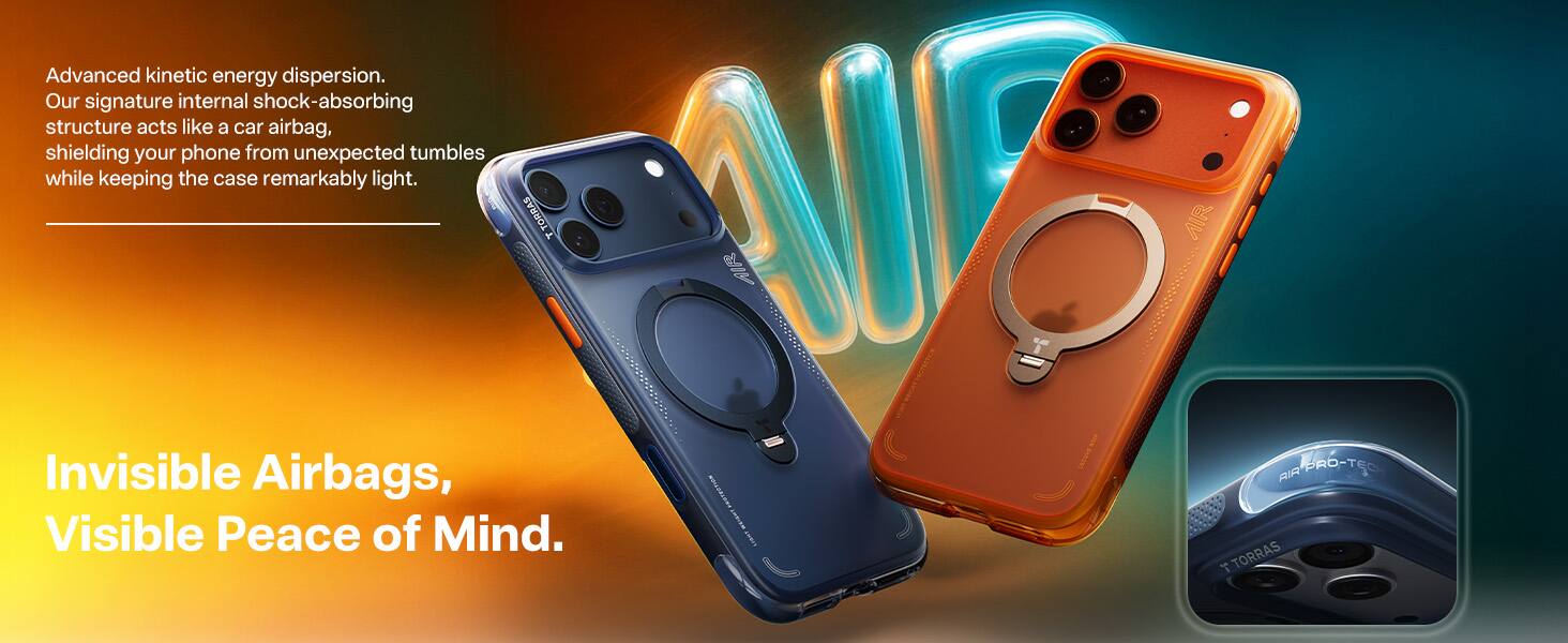 Advanced kinetic energy dispersion. Our signature internal shock-absorbing structure acts like a car airbag, shielding your phone from unexpected tumbles while keeping the case remarkably light. TORRAS AIR AIR Invisible Airbags, Visible Peace of Mind.