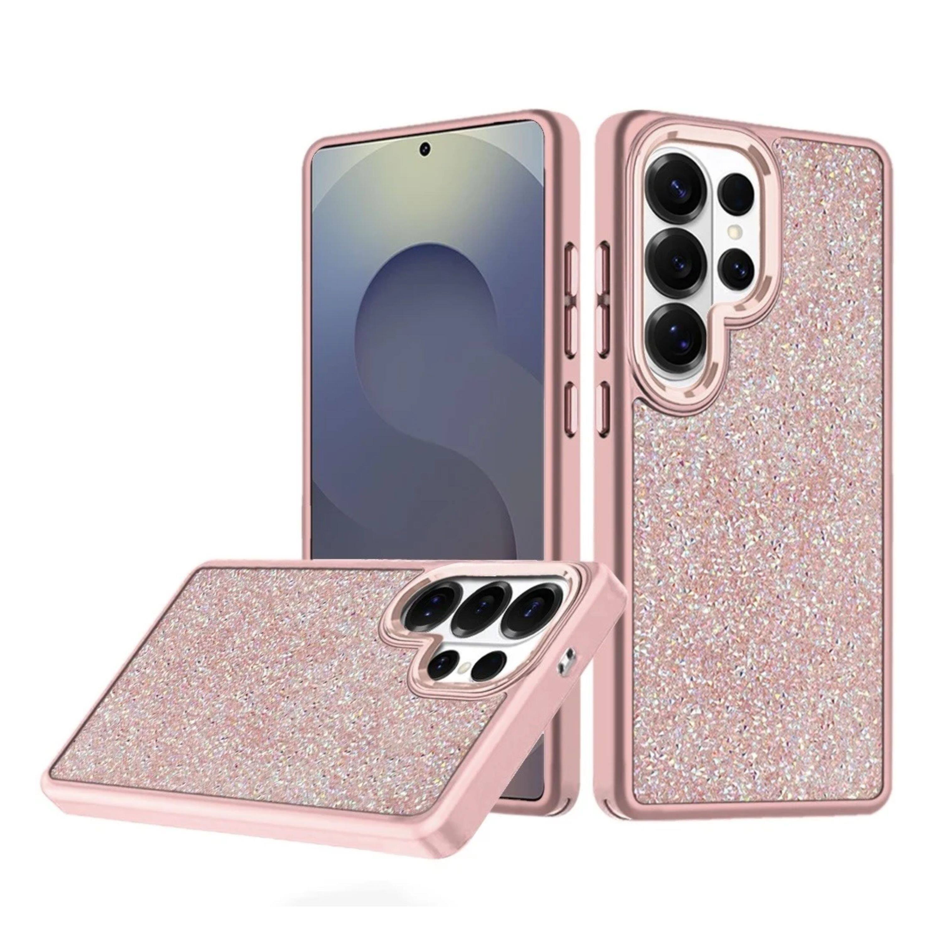 Angle. Kitcheniva - Full Crystal Bling Metallic Buttons Phone Case With Tempered Glass For Samsung Galaxy S25 Ultra Rose Gold - Rose Gold.