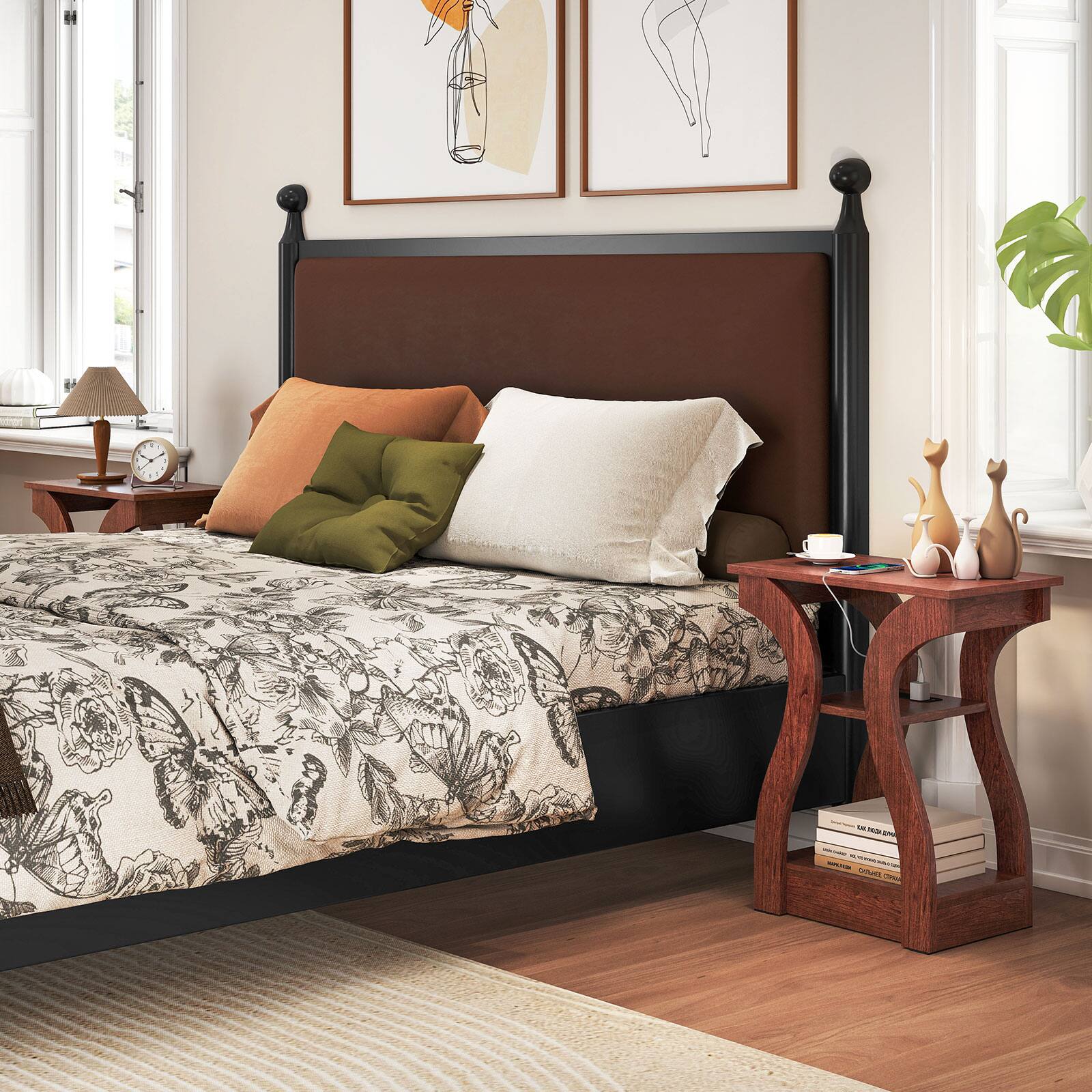 Alt View 4. Gymax - Gymax End Tables w/Charging Station Set of 2 3-Tier Side Tables w/USB Ports & Outlets Cherry - Red.